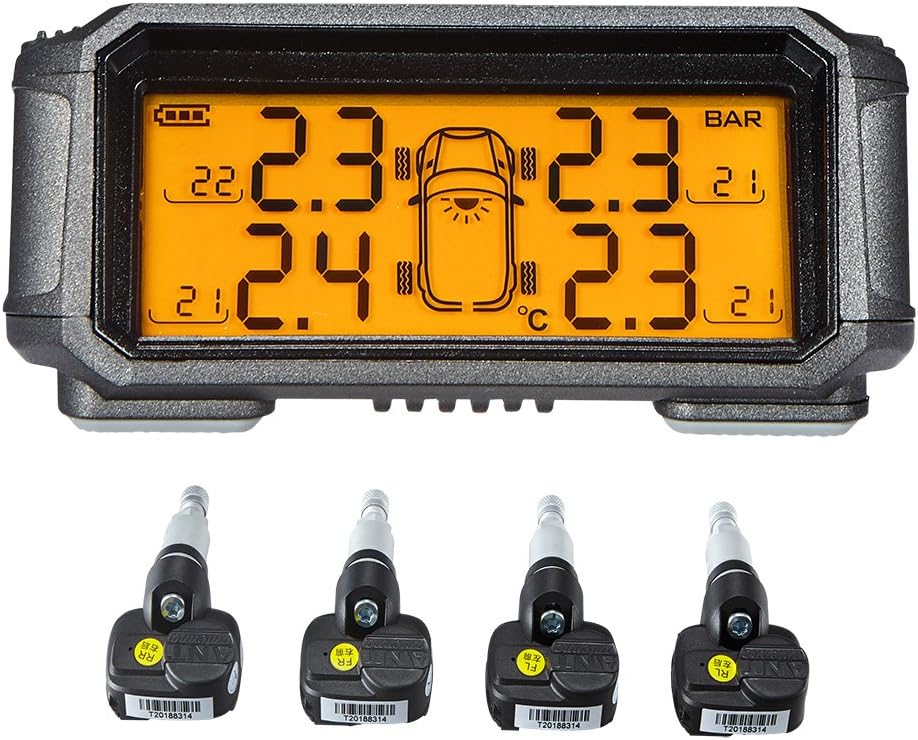 TPMS Tyre Pressure Monitoring System 4 internal sensors LCD display Temperature Alarm Suitable for Tire Pressure Lower than 130 PSI (9 Bar)T60i[Solar Powered]]