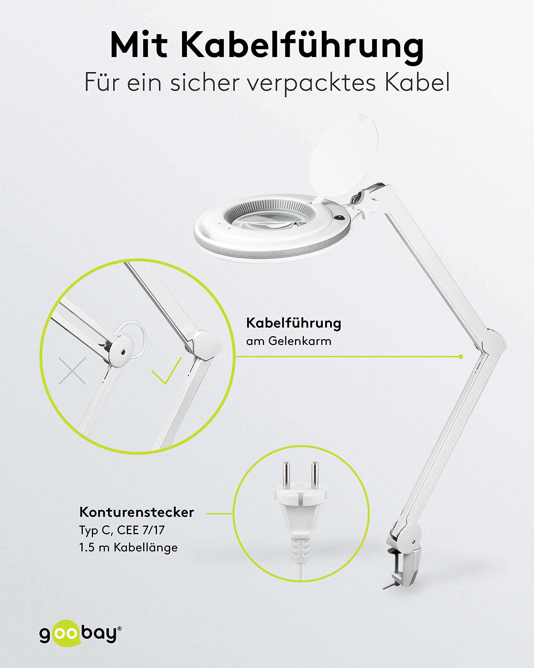 goobay 60362 Lampe loupe LED avec pince/Puissance absorbée 9 W/Lentille en verre cristal 127 mm/Température de couleur 6400 K/Grossissement 1.75x / Flux lumineux 83-730 lumens/Blanc