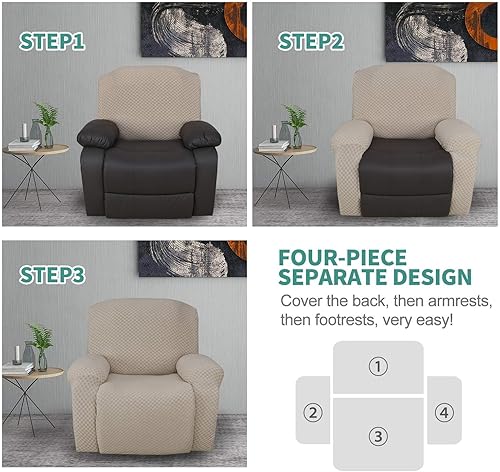 Vista 182 de YEMYHOM Funda elástica de 4 piezas para silla reclinable de jacquard con bolsillo lateral, antideslizante, ajustable, protector de muebles con parte