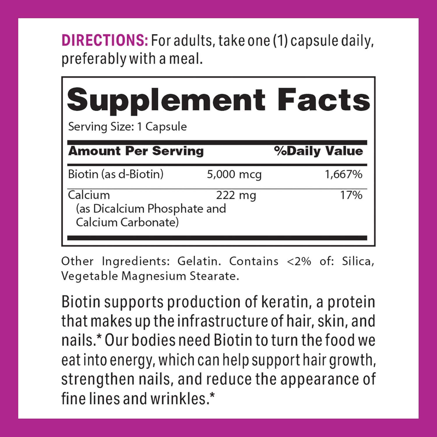 Vitamin World Super Biotin 5000 mcg. 120 Capsules, B Vitamin, Hair, Skin and Nails, Rapid-Release, Gluten Free - Image 2