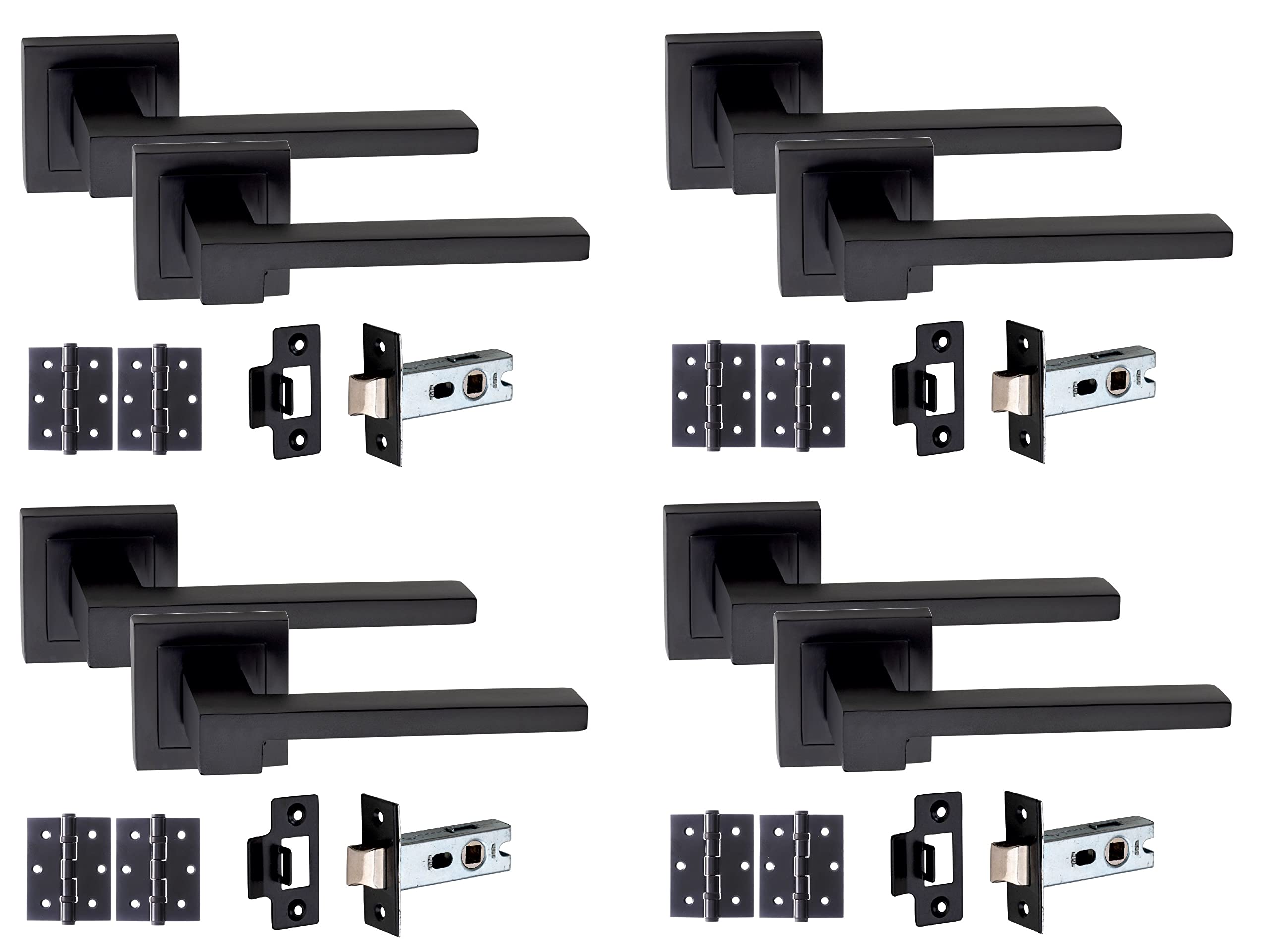 Golden Grace Matt Black Door Handle On Square Rose Zeta Design Lever Latch Handle Sets w Tubular Latch and Pair of 3" Ball Bearing Hinges Matte Black/Bathroom Set/Key Lock Set (4 Sets)