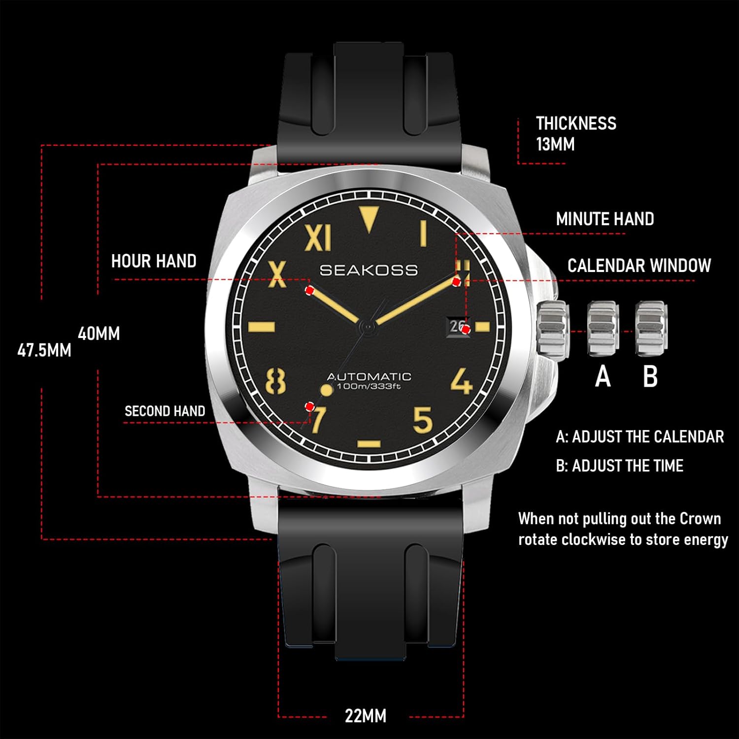 SEAKOSS Automatic Watch 40mm Seagull ST1612 Movement 10ATM Dive Watches for Men with Calendar Sapphire Luminous Mechanical Watch