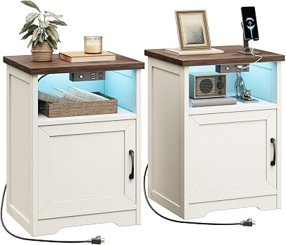 AODK Nightstand Set of 2 with Charging Station, Open Shelf, Rustic White | LED Lights, USB Ports, Cabinet Storage, Farmhouse Style for Bedrooms, Living Rooms, Apartments and Small Spaces