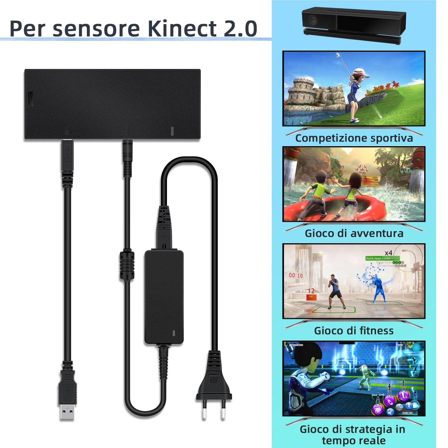Mcbazel Xbox One Sensor Converter per Kinect 2.0 Adattatore sensore con alimentatore compatibile con X-box One Slim/X-box One X/PC - Spina UE