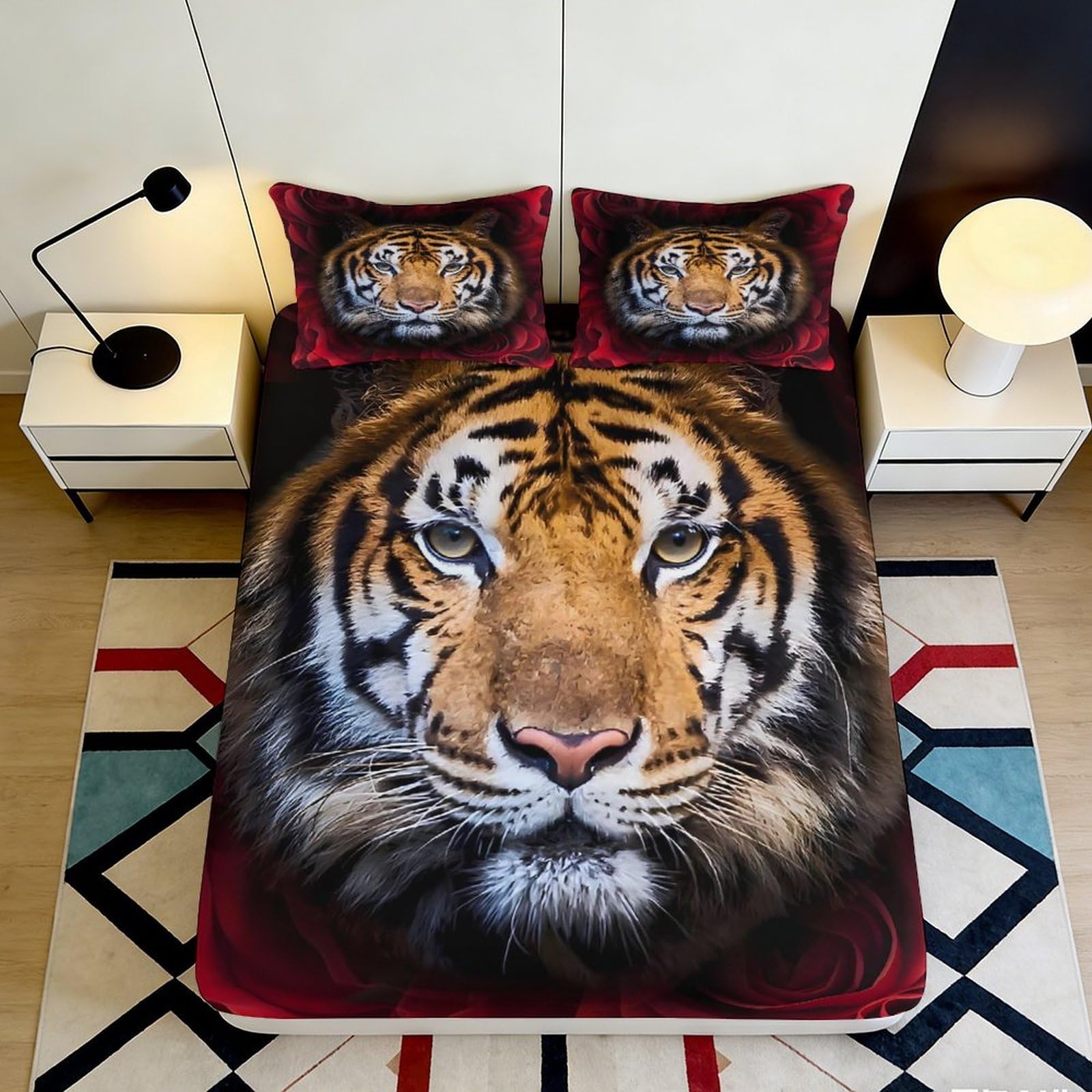 3D Printed Tiger Fitted Sheet Microfiber Deep Pocket Non-Slip Tiger Mattress Fitted Cover Bedroom Bedding for Adults 90x200x25cm