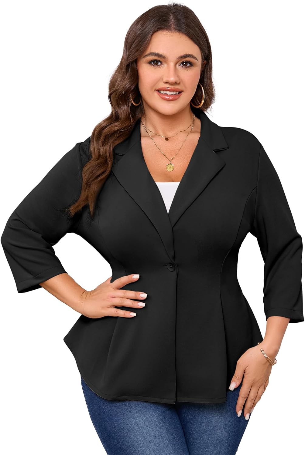 Yesfashion Women's Plus Size Blazer Notched Lapel One-Button 3/4 Sleeve Tailored Jacket for Office & Casual