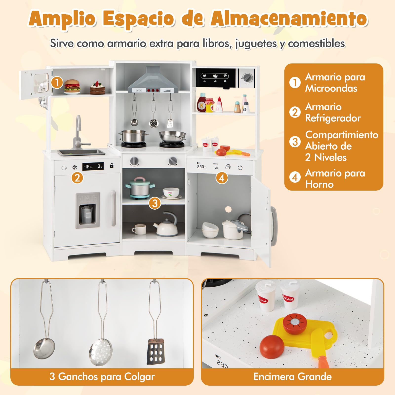 COSTWAY Cocina Juguete, Cocinita de Madera Infantil, Cocinita Infantil con Luz y Sonido con Campana Extractora, Dispensador de Hielo, Fregadero, Grifo, Microondas, Horno, Utensilios (Blanco)