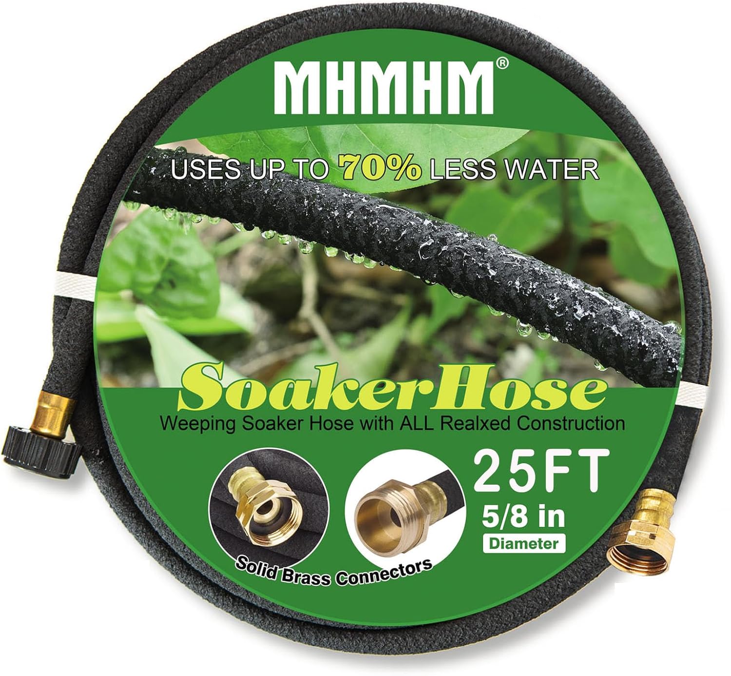 5/8" Soaker Hose for Garden Drip Hose Irrigation System with Solid Brass Fitting for Lawns Flower Beds & Vegetable Gardens (25FT)