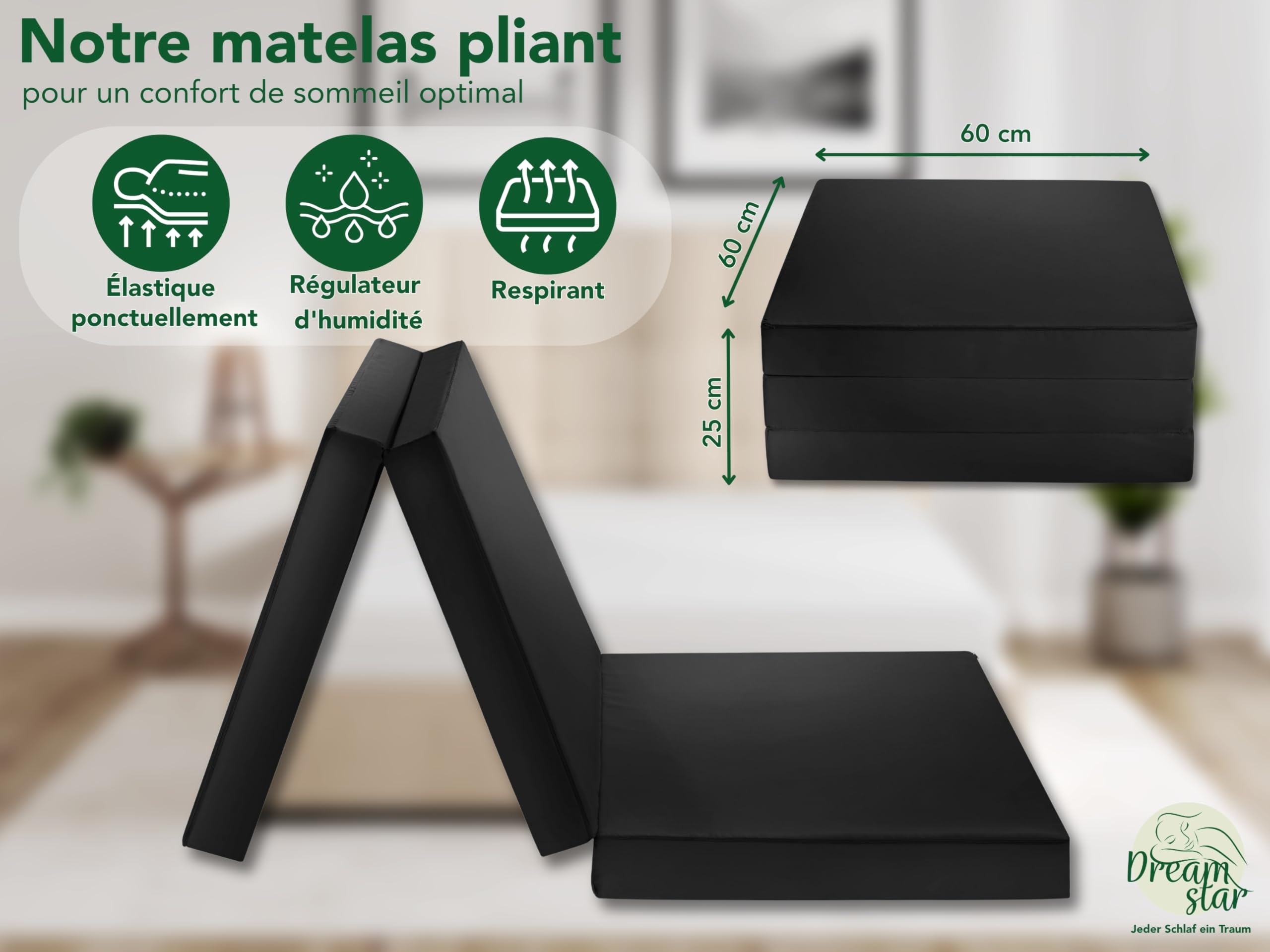 DREAMSTAR Easy Night, Matelas d'appoint pliable en 3 pièces, 7 cm de haut, 30 nuits d'essai de sommeil, Certifié Oeko-Tex, Matelas pliant noir, 60 x 190 cm