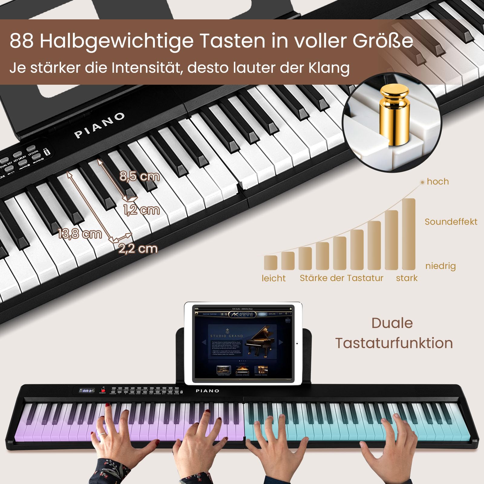 COSTWAY Keyboard Piano 88 Tasten, Klappbares Digitalpiano mit 1000 Rhythmen 1000 Tönen, 150 Demos, Bluetooth MIDI, Klavier Kinder mit Mikrofon & Tragetasche, E Piano für Anfänger (Schwarz)