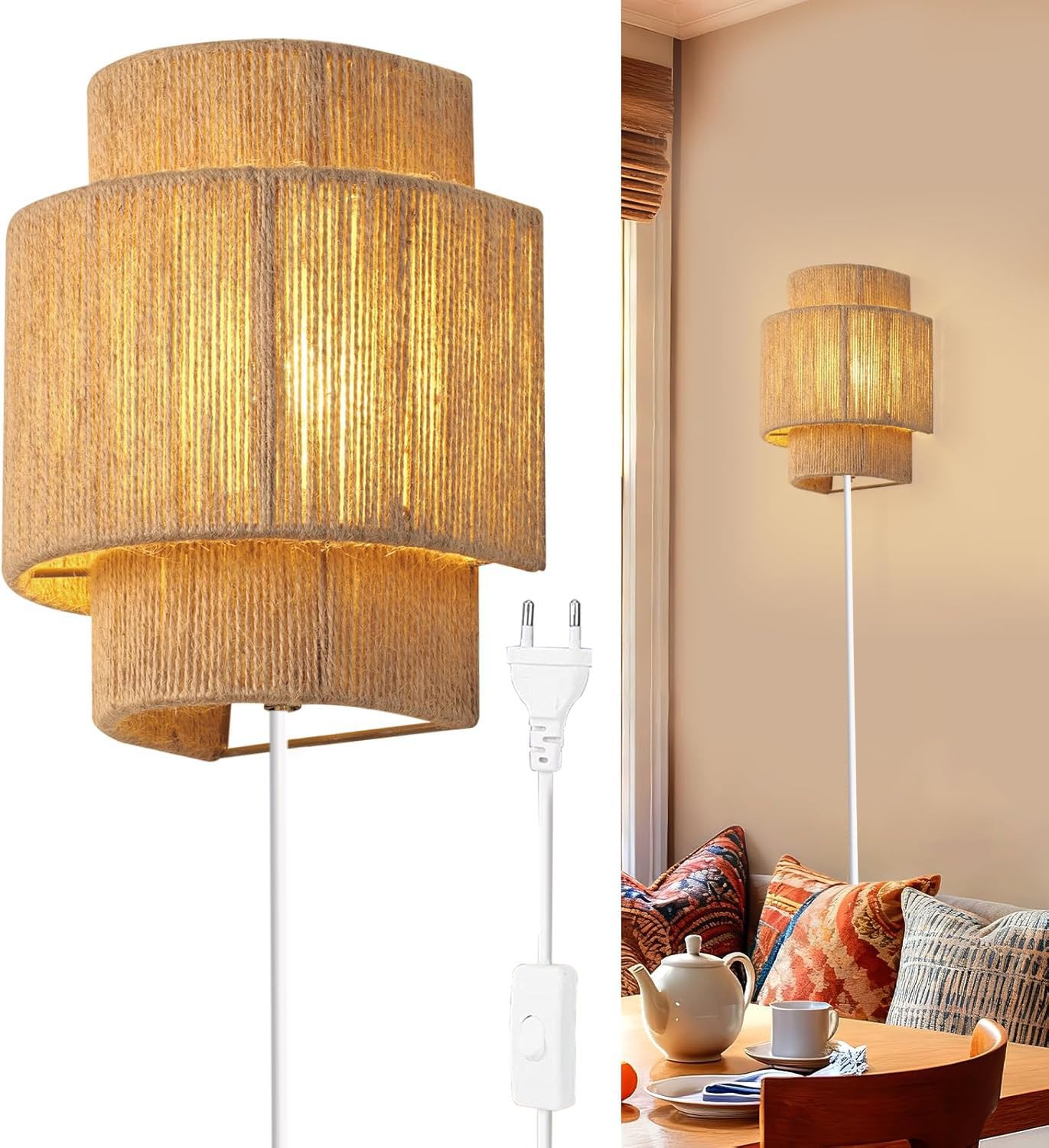 OOWOKS E27 Boho Vintage Rattan Wandlampe mit Stecker Kabel, Wandleuchte Innen mit Schalter, UP & Down Beleuchtung Handgewebter Rustikal Rattan Bambus Nachttischlampe für Wohnzimmer Schlafzimmer