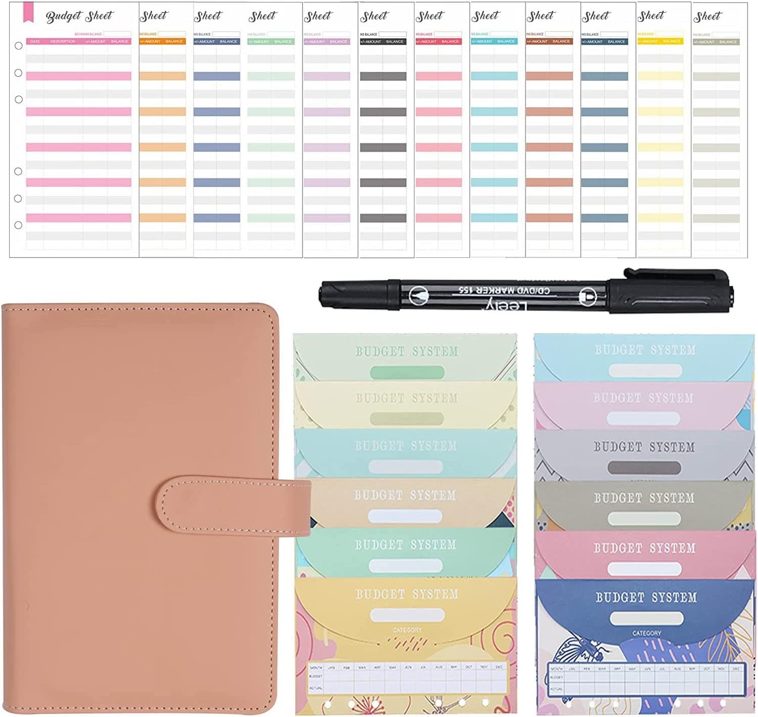 A6 PU Leather Budget Binder Notebook Money Envelopes Organizer for Cash Saving with,Expense Sheets and Marker Pen
