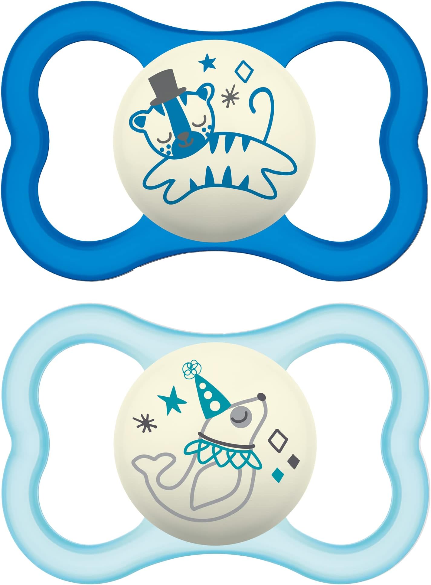Air Night Pacifiers (1 Sterilizing Pacifier Case), MAM Sensitive Skin Pacifier 6+ Months, Glow in the Dark Pacifier, Best Pacifier for Breastfed Babies, Baby Boy Pacifiers, 6-16 (Pack of 2