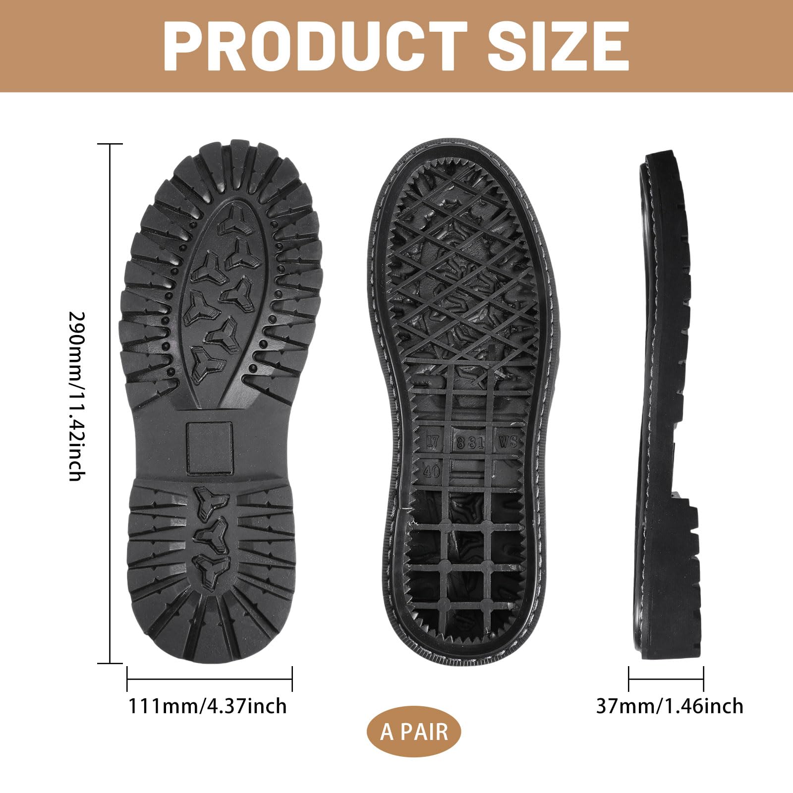 CHGCRAFT - Plantillas de goma para zapatos de bricolaje, 1 par de suelas totalmente de goma negras, resistentes al desgaste, plantillas elevadas para zapatos y botas, Negro, 40 EU