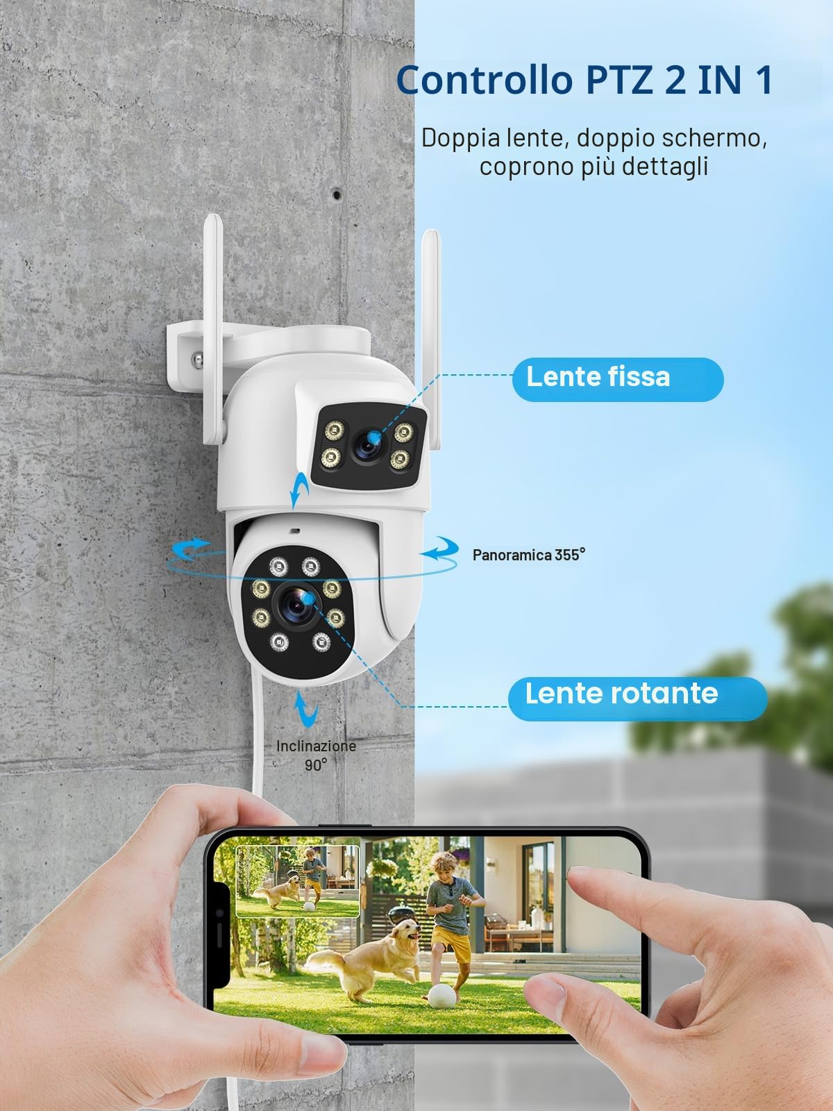 Reobiux 3K Telecamera Wi-Fi Esterno con Doppia Lente, Videocamera Sorveglianza Esterno con Visione Notturna a Colori, Rilevamento Umano, Audio Bidirezionale, Allarme Sonoro e Luminoso, IP66