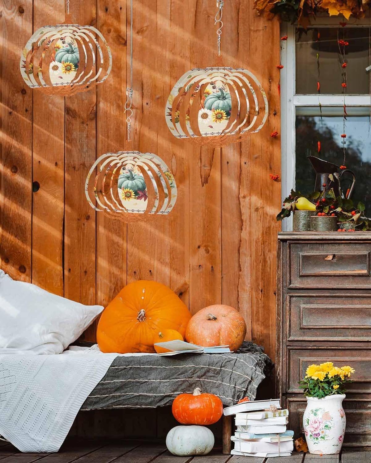 Fall Wind Spinners for Yard and Garden Boho Pumpkin Leaves Wind Spinner Autumn Sunflower Floral 3D Metal Stainless Steel Pumpkin Wind Sculptures Chimes Outdoor Patio Thanksgiving Hanging Decor 10 Inch