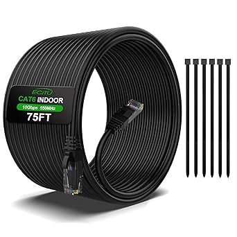 75FT Cat6 Ethernet Cable, Cat 6 Patch Cable, Cat6 Internet Cable, UTP Network Cable, Indoor and Outdoor, PoE, 24AWG CCA, Compatible for PC, Laptop, Router, Switch, Server, with 25 Cable Ties - Black