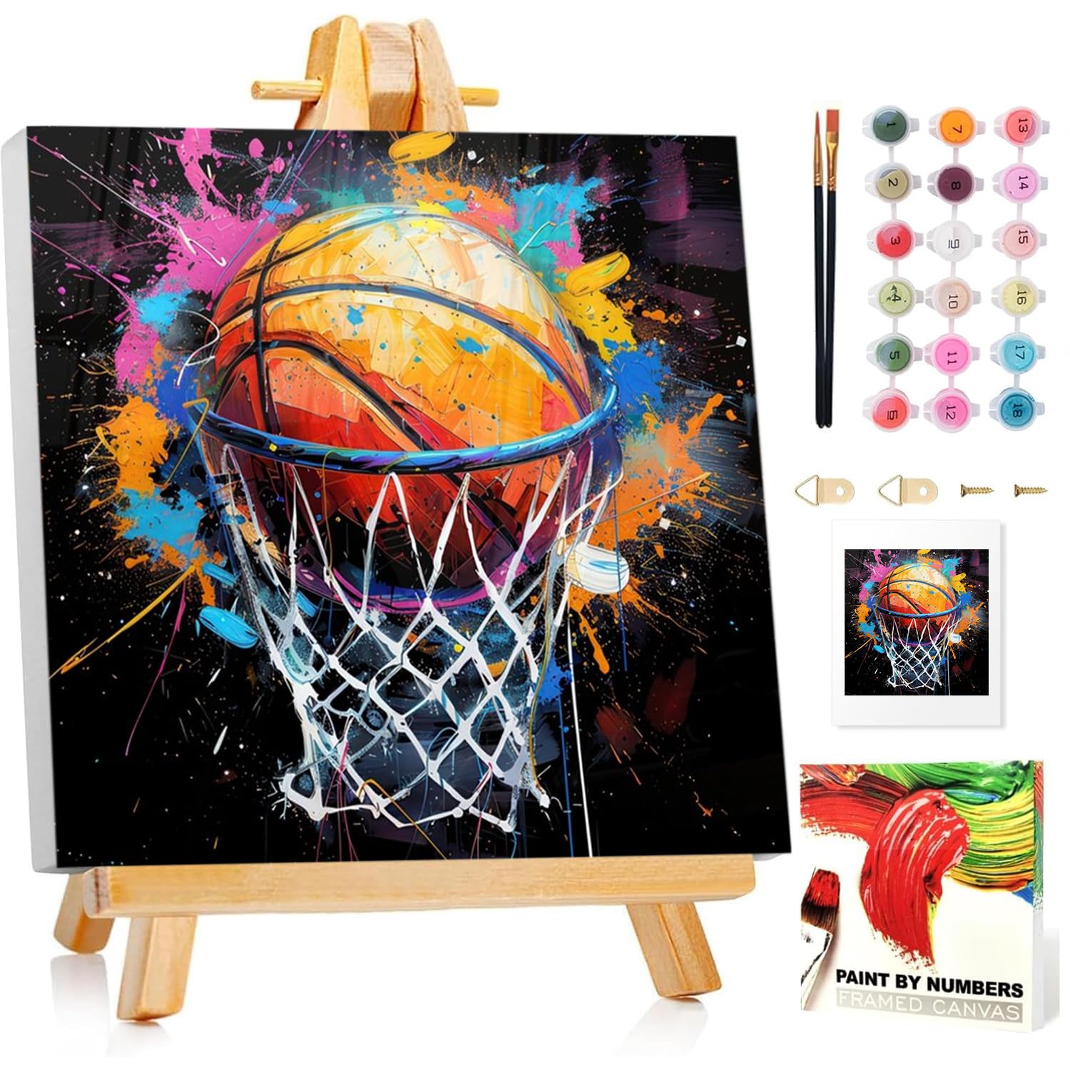 Malen Nach Zahlen Kinder mit Rahmen, Basketball Malen nach zahlen kinder ab 5 6 7 8 9 10 Jahre, Malset mit Rahmen, Pinsel und Acrylfarben, Geschenk für Mädchen und Jungen, mit Glitzer 20x20cm