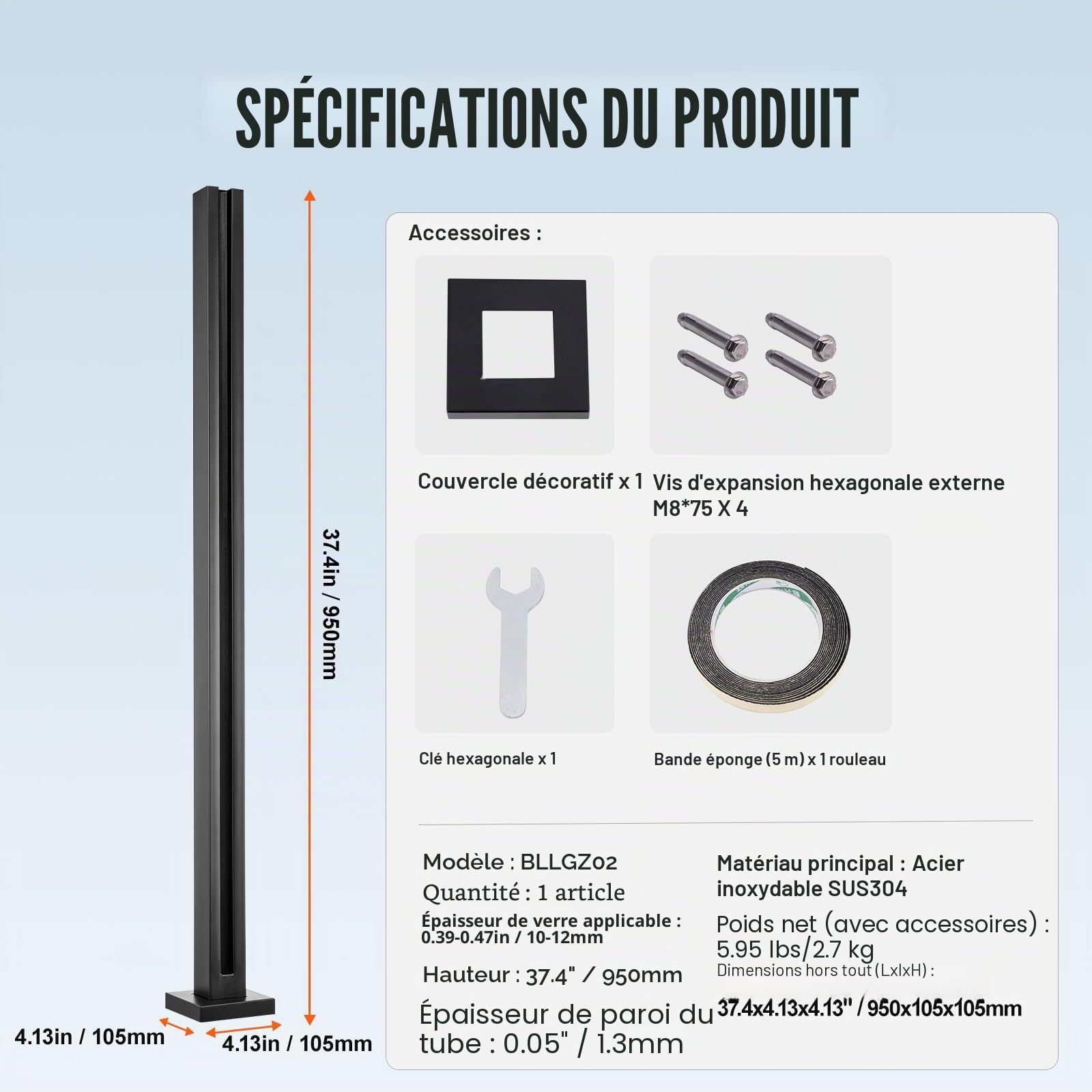 VEVOR Pinces à verre en acier inoxydable 304, pince de clôture en verre de 950 mm de hauteur, support de garde-corps en verre trempé de 10 mm à 12 mm, pour balcon, jardin, terrasse, escalier, noir