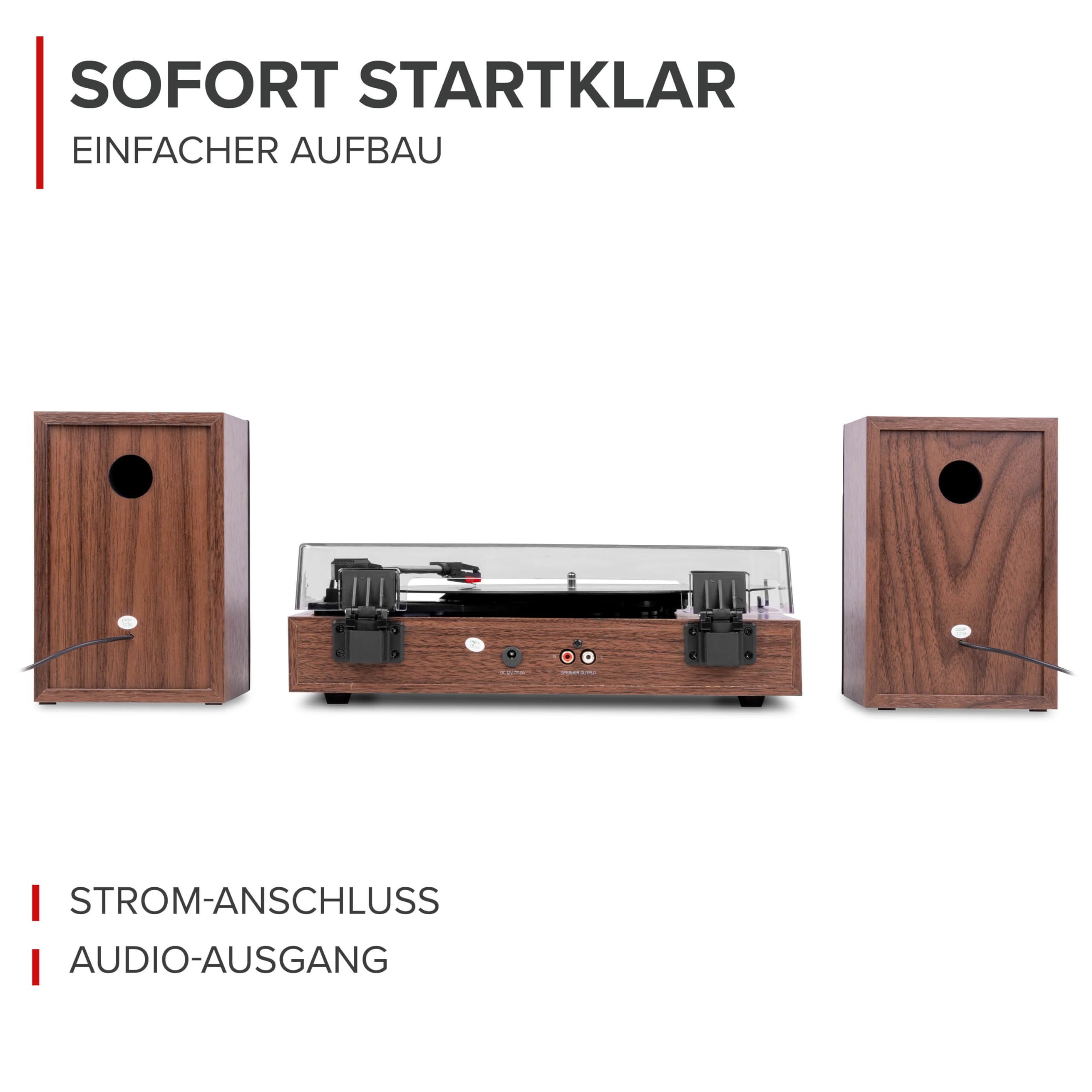 Audizio RP325W Retro Plattenspieler mit Lautsprecher & Bluetooth In/Out, Schallplattenspieler mit Boxen 60 Watt – Vinyl Player Holzoptik – Record Player mit Vorverstärker & Auto-Stop – Turntable Vinyl