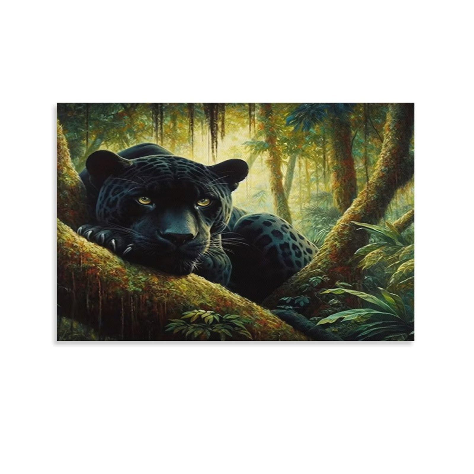 Snow Leopard Leaping over Icy Mountains Individual Black Panther Lurking Dense Jungle Foliage Wall Art Pieces - Office Canvas Print Fade Resistant Wall Focal Art Ready to Hang 16x24inch(40x60cm)