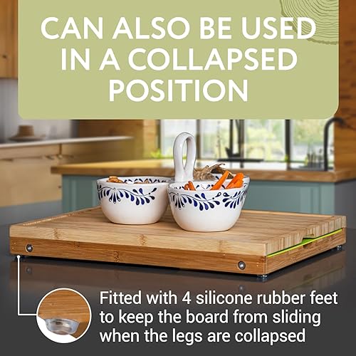 Miniatura 5 de IMPRESA Tabla de cortar grande de bambú elevada para cocina con 2 alfombrillas de cortar, tabla de cortar de madera con patas, tablas de cortar de