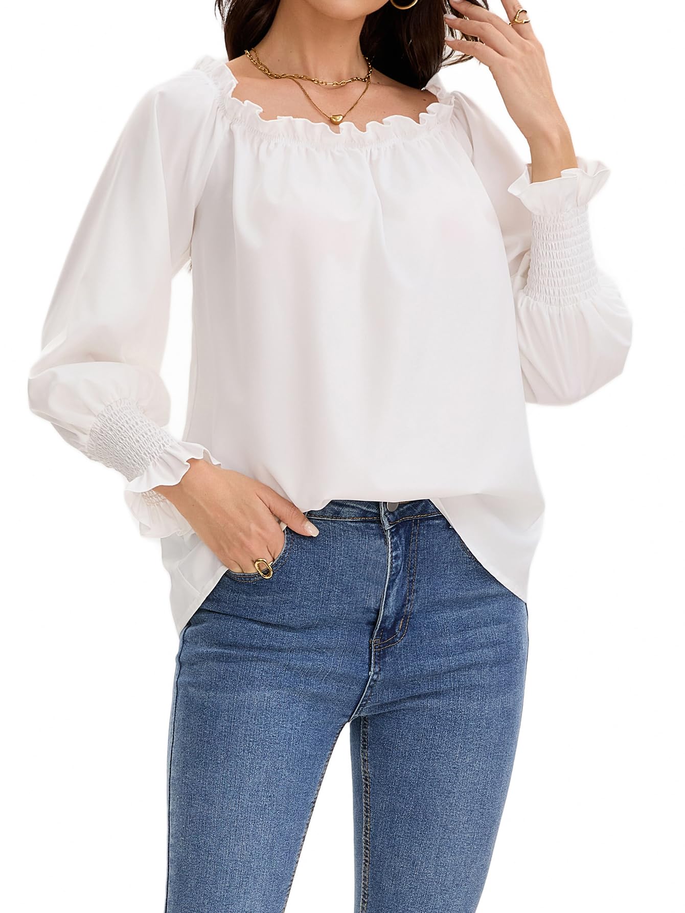 Women's Off The Shoulder Top Long Sleeve Ruffle Hem Blouse Casual Loose Shirts