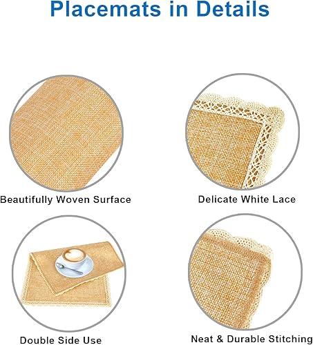 Miniatura 5 de Juego de 6 manteles individuales de arpillera, 18 x 11.6 pulgadas, dos capas de lino sintético, tapete decorativo para mesa de cocina, resistente al