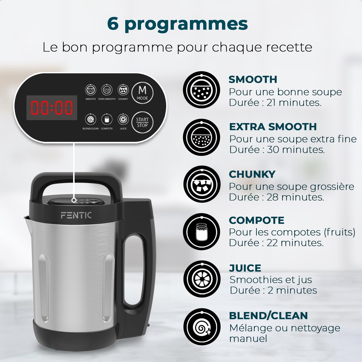 Blender Soupe | 2L | 6 Programmes | Affichage LED | Blender Chauffant | 1000W | Acier Inoxydable/Noir