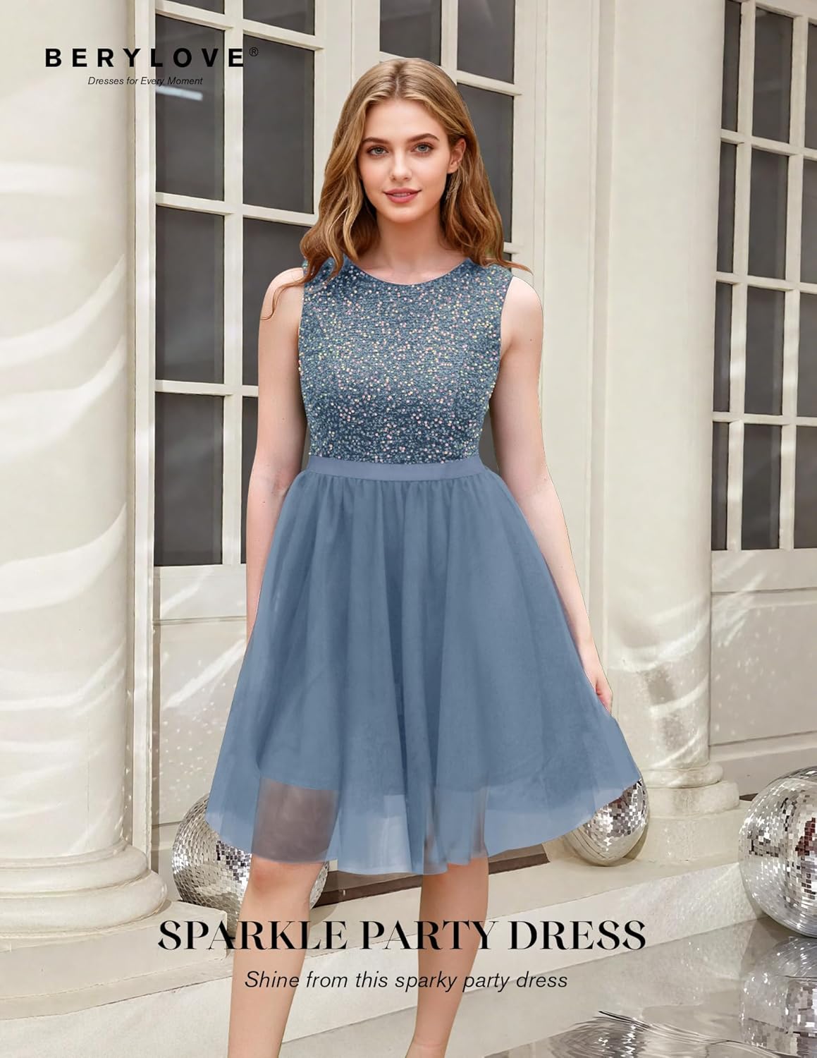 BeryLove Sequin Dress Vintage A Line Wedding Formal Swing Tulle Dress Sleeveless Cocktail Mini Dress - Image 2