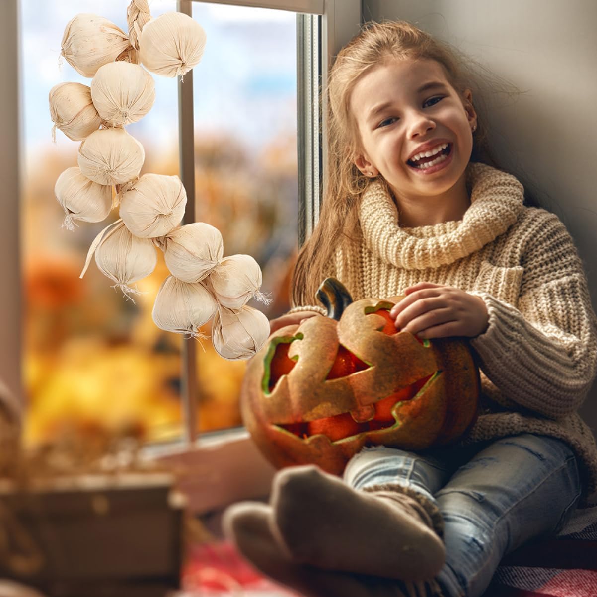 6pcs Lifelike Artificial Garlic Strings for Home Kitchen Decor for Halloween Thanksgiving and Photography Props Realistic Faux Garlic Hanging Strings