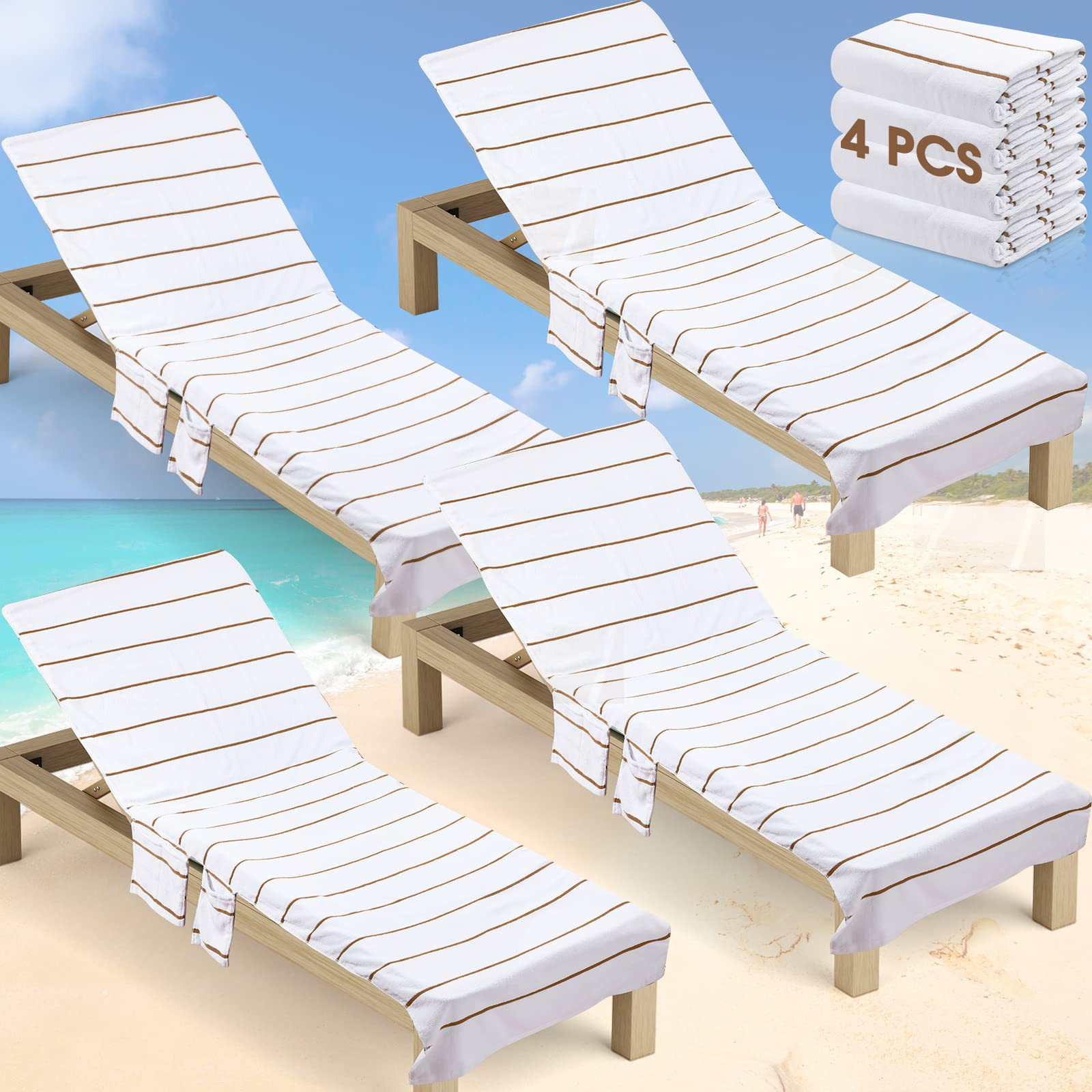 4 Coperture Per Sedia Da Spiaggia In Cotone - Morbidi Asciugamani Per Chaise Longue Con Tasche Laterali, Beige