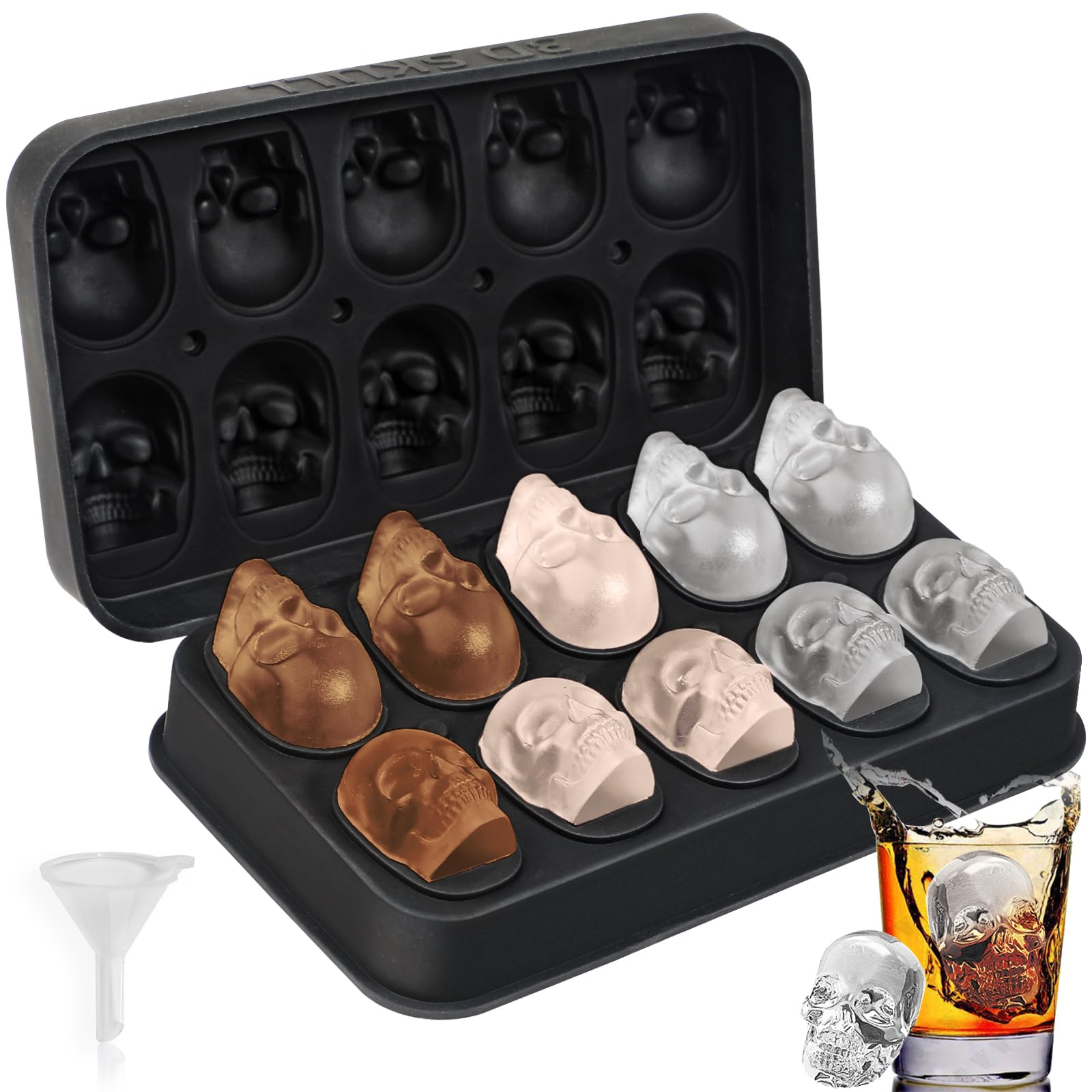 Webake Skull Ice Cube Mold 3D, 10-Cavity Skeleton Head Silicone Ice Mold with Lid and Funnel for Whiskey Cocktail Reusable for Halloween Baking Chocolate, Candy, Pudding