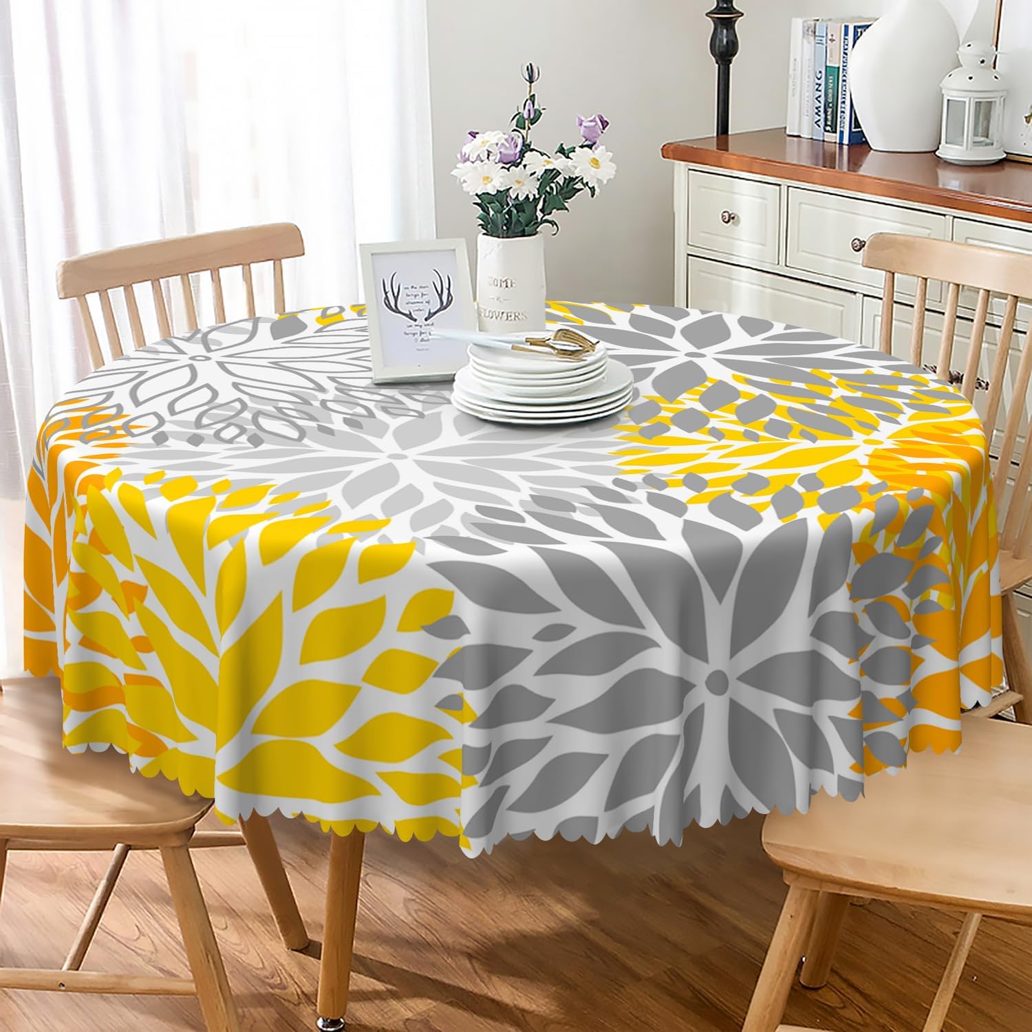 Dahlia Floral Round Tablecloth 60 Inch Grey Yellow Abstract Flowers Table Cloth Modern Art Geometric Waterproof Fabric Table Cover for Kitchen Dining Room Indoor Outdoor Patio Home Decor
