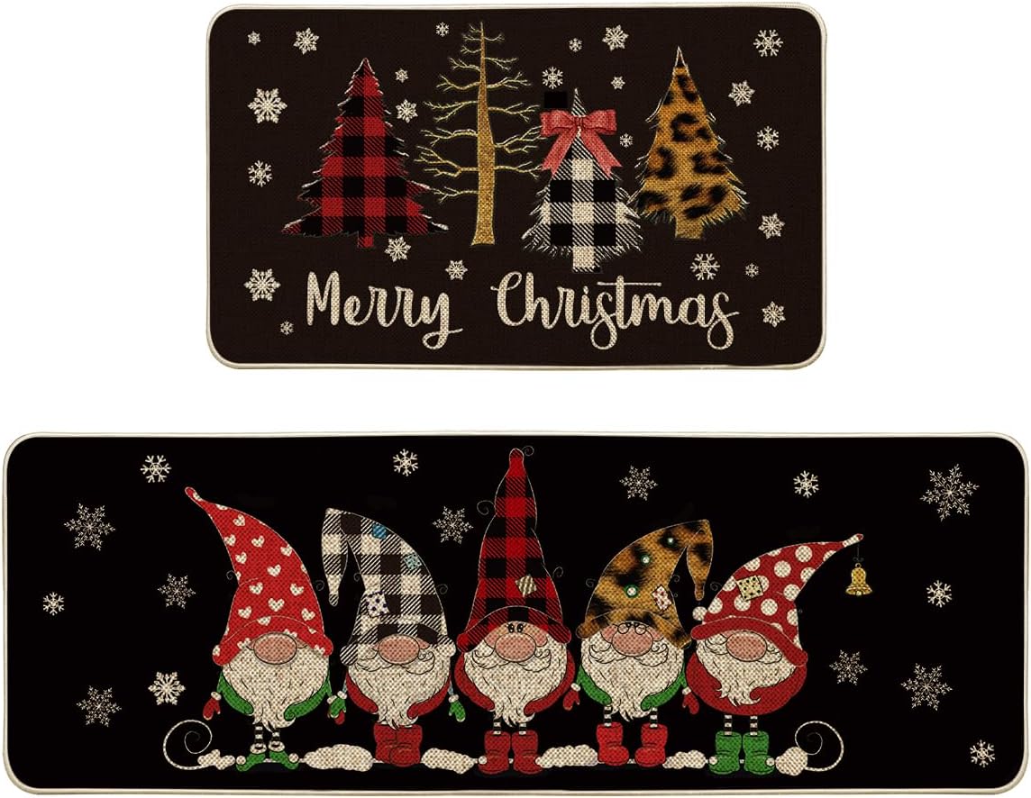 Artoid Mode Buffalo Plaid Tree Gnomes Black Christmas Kitchen Rugs Set of 2, Winter Low-Profile Floor Mat Merry Home Decora for Floor - 17x29 and 17x47 Inch