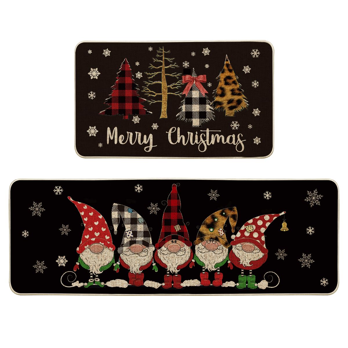 Artoid Mode Buffalo Plaid Tree Gnomes Black Christmas Kitchen Rugs Set of 2, Winter Low-Profile Floor Mat Merry Home Decora for Floor - 17x29 and 17x47 Inch