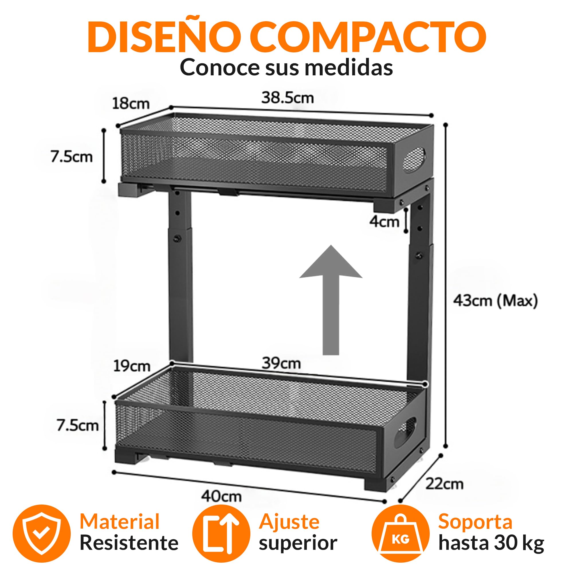 XARA Organizador Bajo Fregadero Metal Negro Pack 2 | Doble Altura, Bandejas Extraíbles