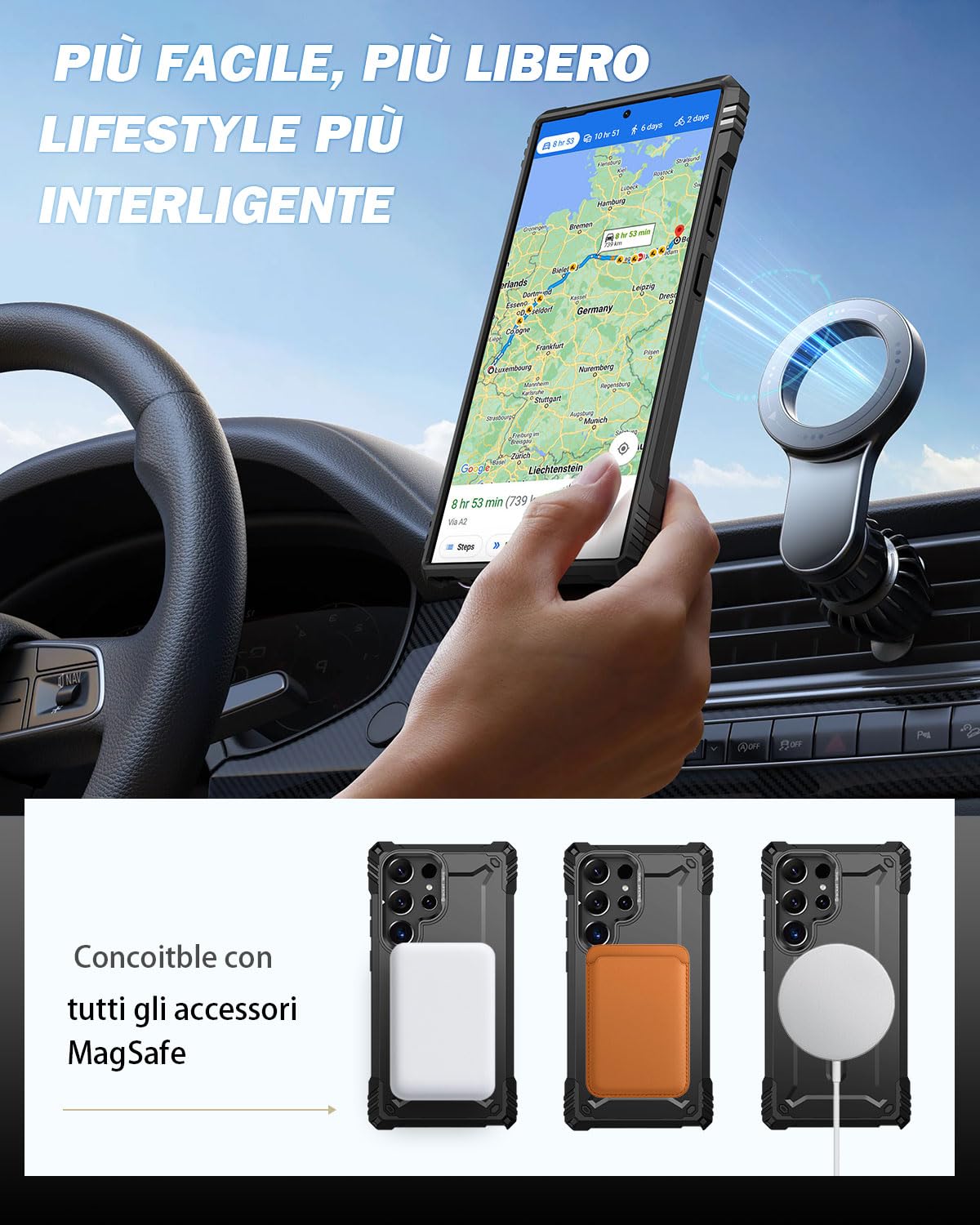 Lanhiem Cover per Samsung S24 Ultra 5G Magsafe con Supporto Protezione Completa del Corpo a 360°con 2 Vetro Temperato, Militare 14FT Antiurto Resistente, Custodia per Samsung Galaxy S24 Ultra, Nero