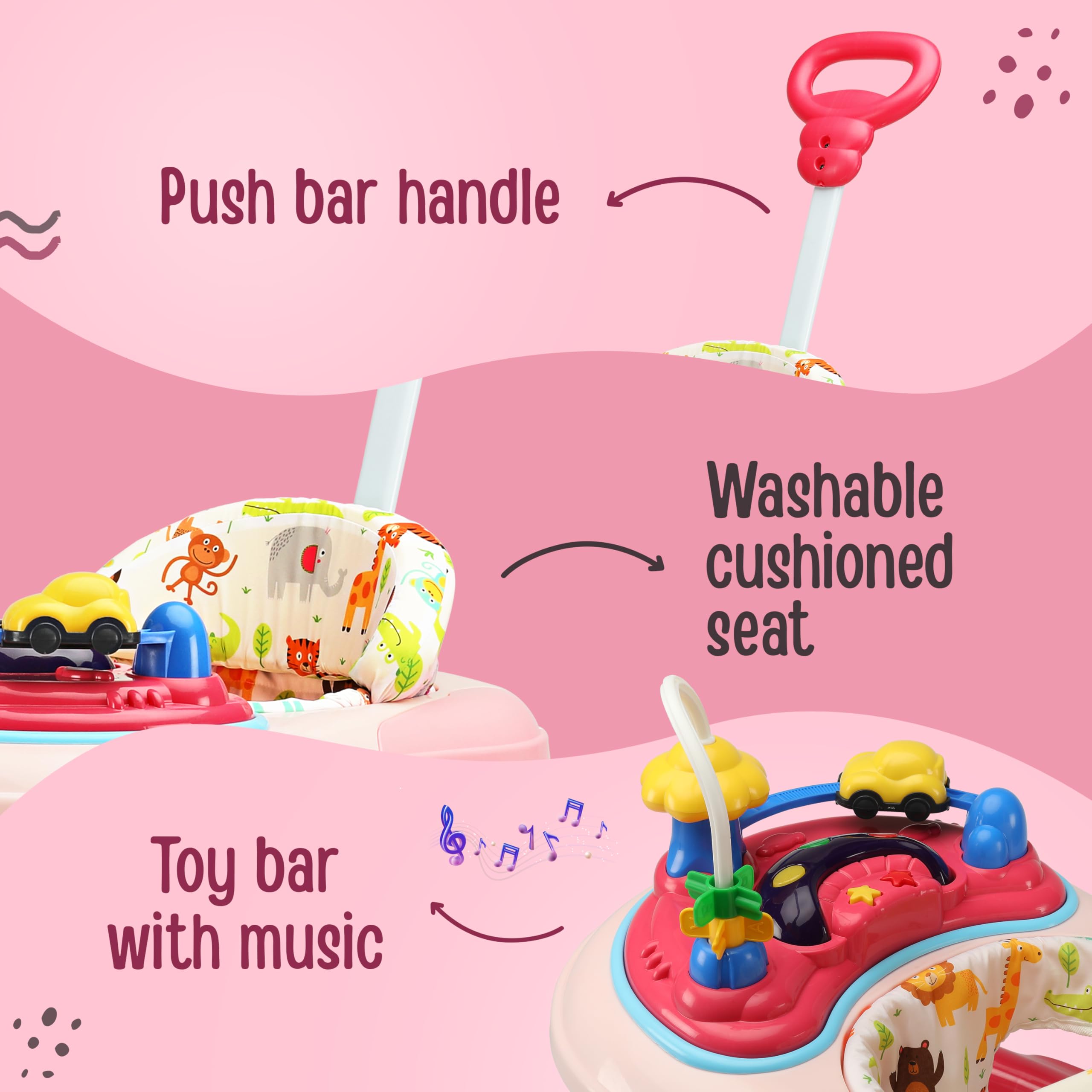 LuvLap Comfy 2-in-1 Baby Walker & Rocker with Parental Push Handle, Anti Fall, Anti Skid Mechanism, Height Adjustable with Light, Rattle & Musical Toys, Cushioned Walker for Baby 6-18months (Pink) 2