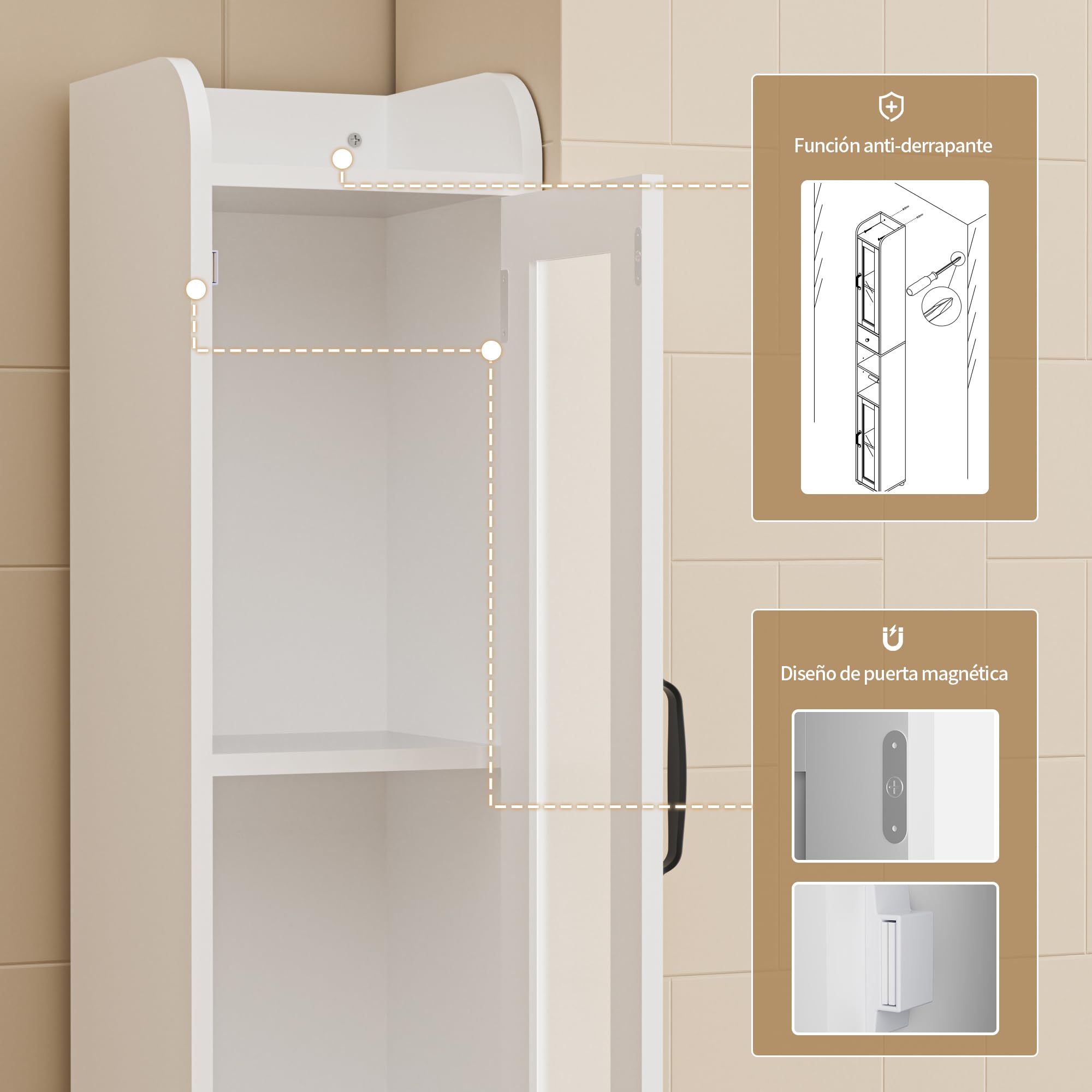 BonVache Mueble Baño Columna, Armario de baño con Estantes Ajustables, Estanterías con 2 Puertas de Vidrio y 1 cajón, Portarrollos Baño, Blanco, 20x20x180 cm