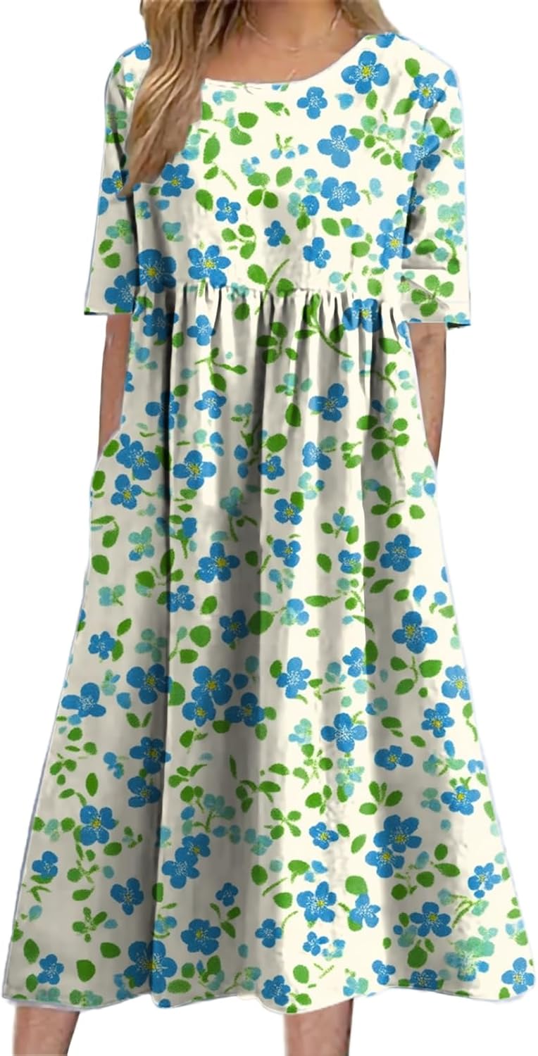Floral Dress for Women Casual Summer Midi Boho Floral Printed Dresses Short Sleeve ...
