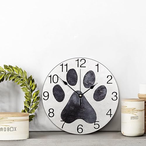 Miniatura 2 de Reloj de pared con estampado de pata de perro negro, reloj de madera de 10 pulgadas, silencioso, sin tictac, funciona con pilas, para sala de estar,