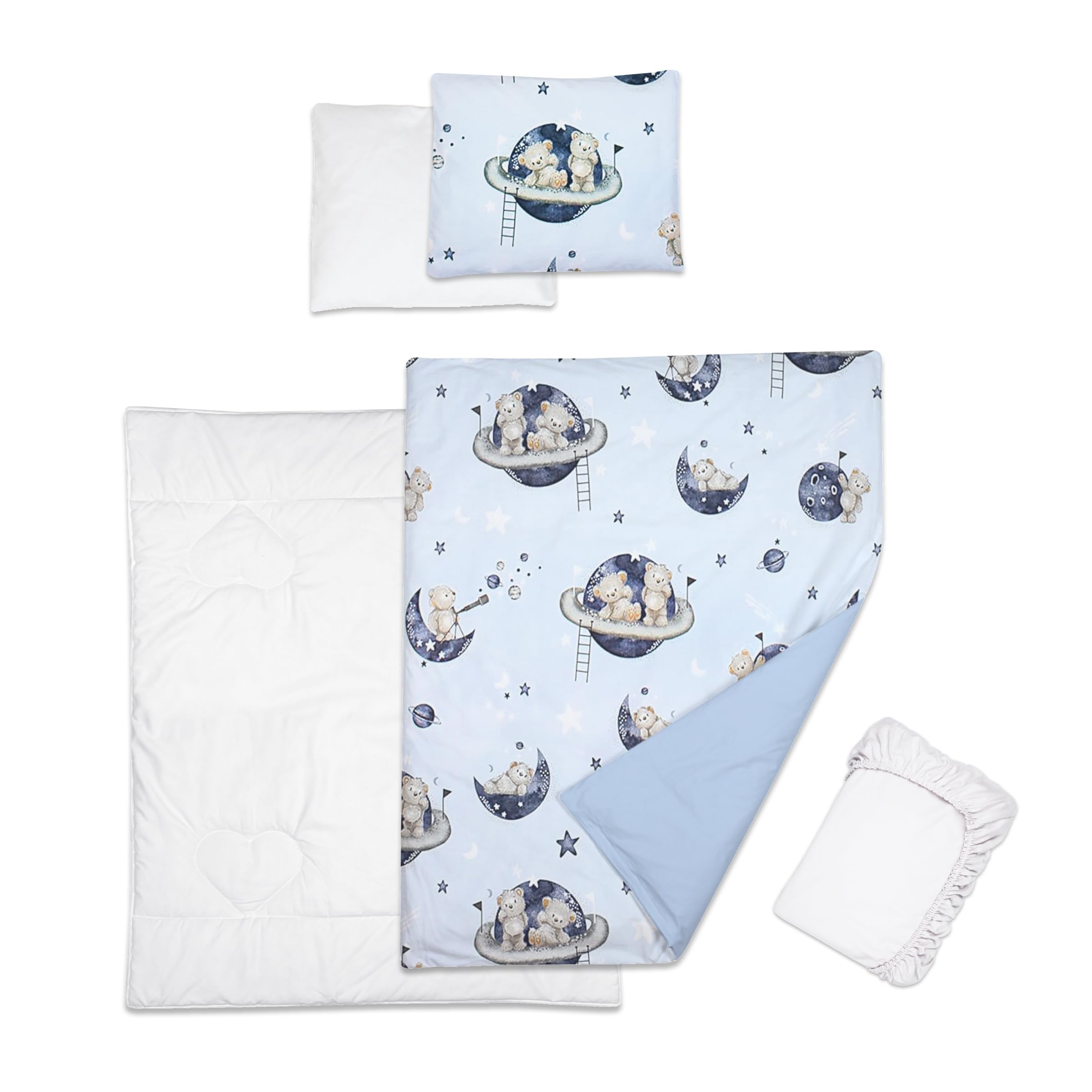 Baby Comfort 5 Piece Toddler Bedding Duvet Pillow with Covers & Jersey Sheet fits 90x55cm Bedside Crib 12M+ (Bears in space)