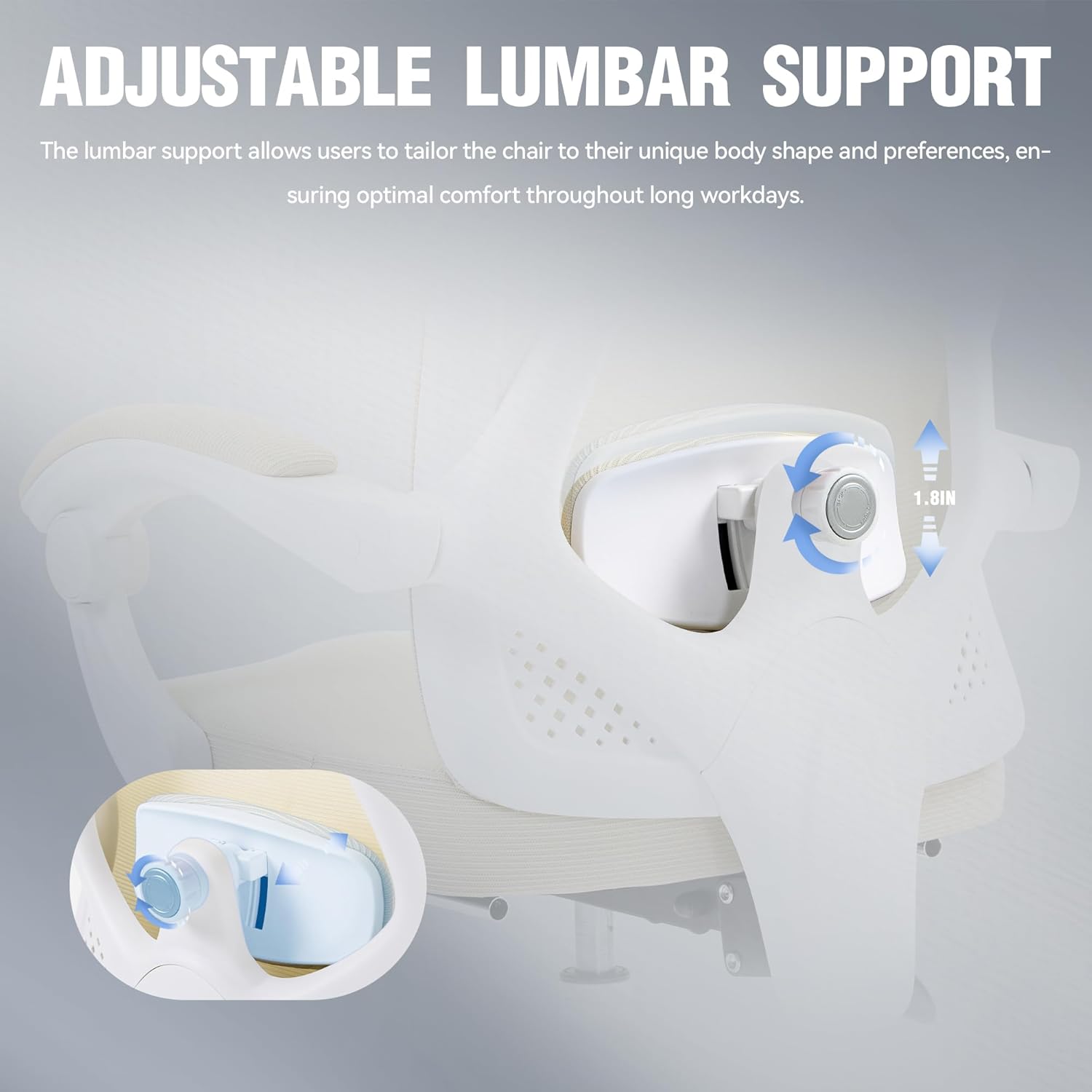 Close-up of the adjustable lumbar support mechanism