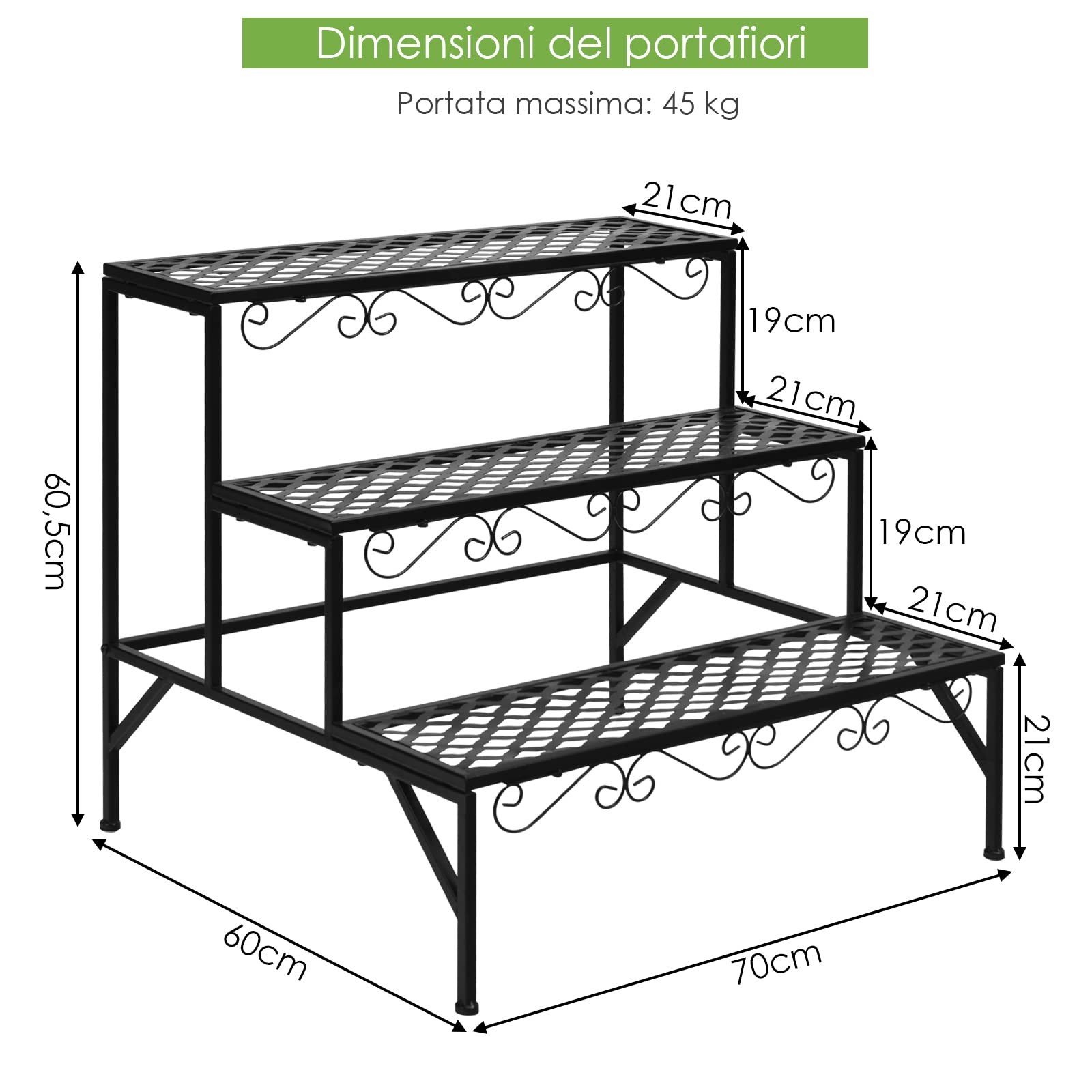 COSTWAY Scaffale Portafiori a 3 Ripiani, Porta Piante da Esterno e Interno a Scala, Scaffale Porta Vasi di Metallo per Balcone, Soggiorno e Giardino