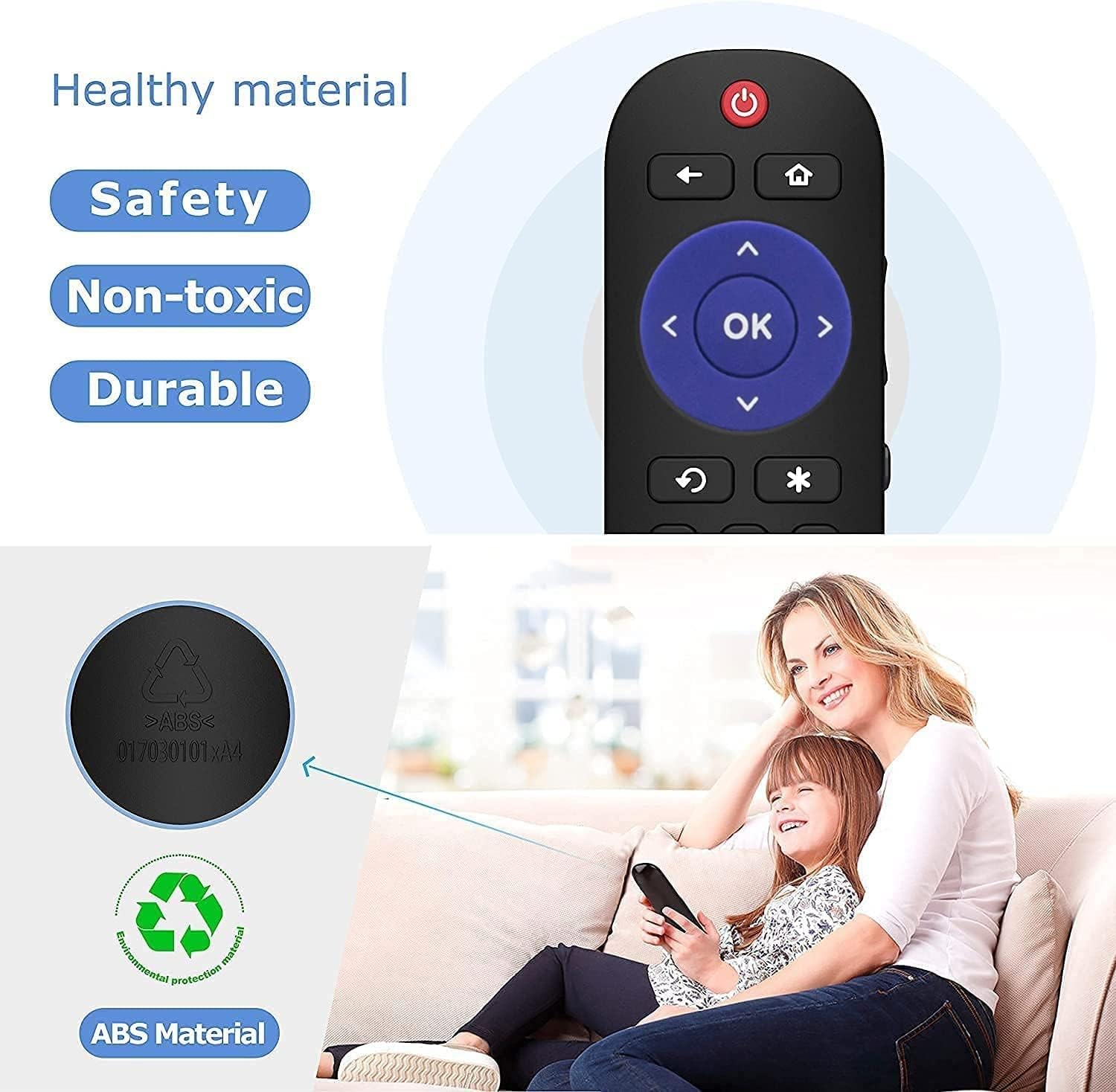 Image showing the remote control and a family using it, with labels for 'Healthy material', 'Safety', 'Non-toxic', 'Durable', and 'ABS Material'.