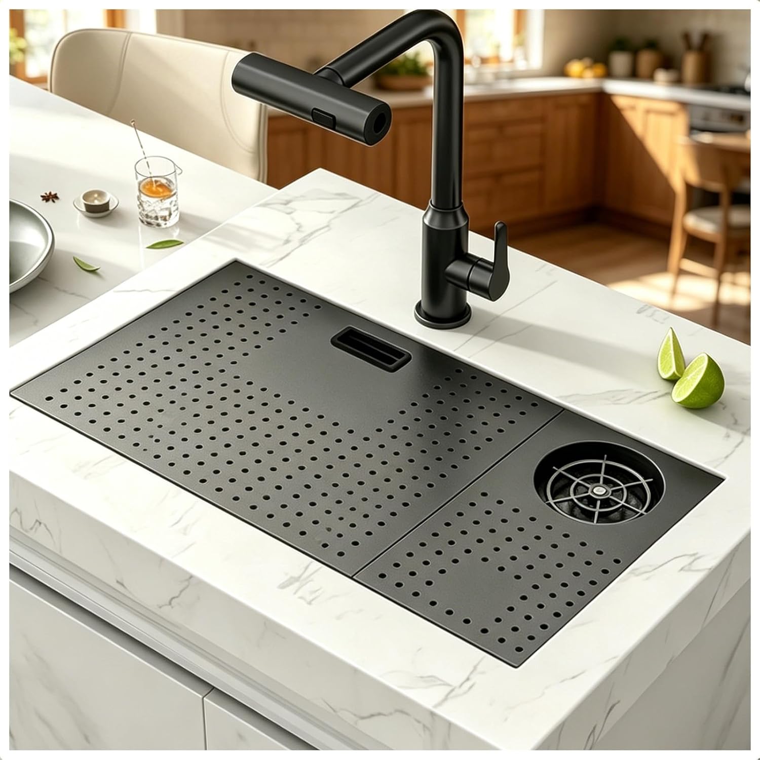 Modern Narrow Edge Kitchen Sink with Faucet and Cup Rinser, Stainless Steel Bar Sink with Top Mount, Undermount and Inset Installation, Space Saving Sink(Black-Gray,60 x 32 m)