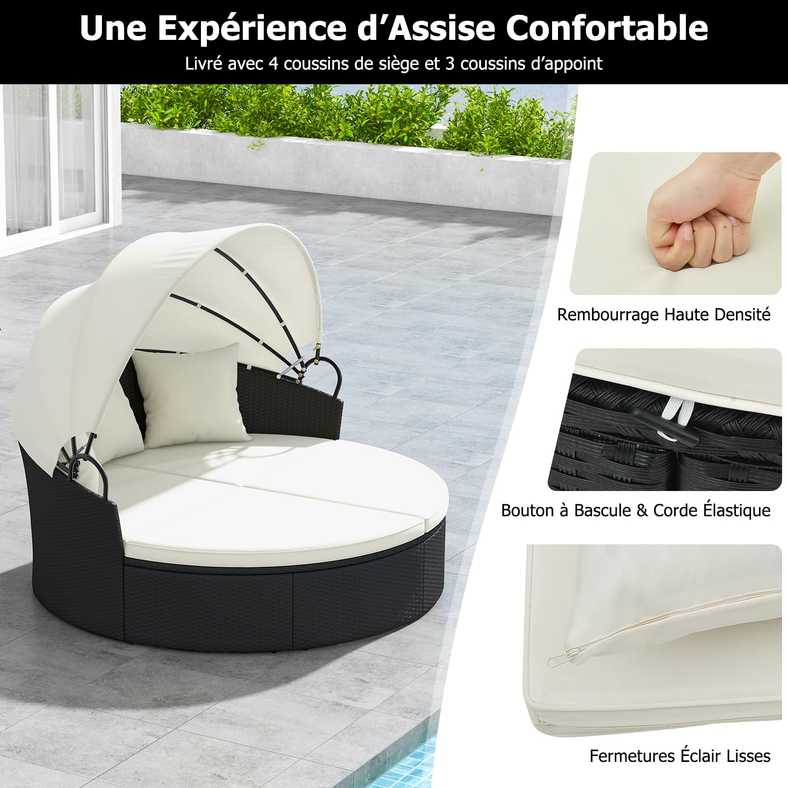 GIANTEX Lit de Jardin Extérieur Rond Ø187 cm en Rotin PE avec Auvent Rétractable, Canapé Lit Extérieur pour 2-3 Personnes, Ensemble Salon de Jardin avec Coussins(Beige)