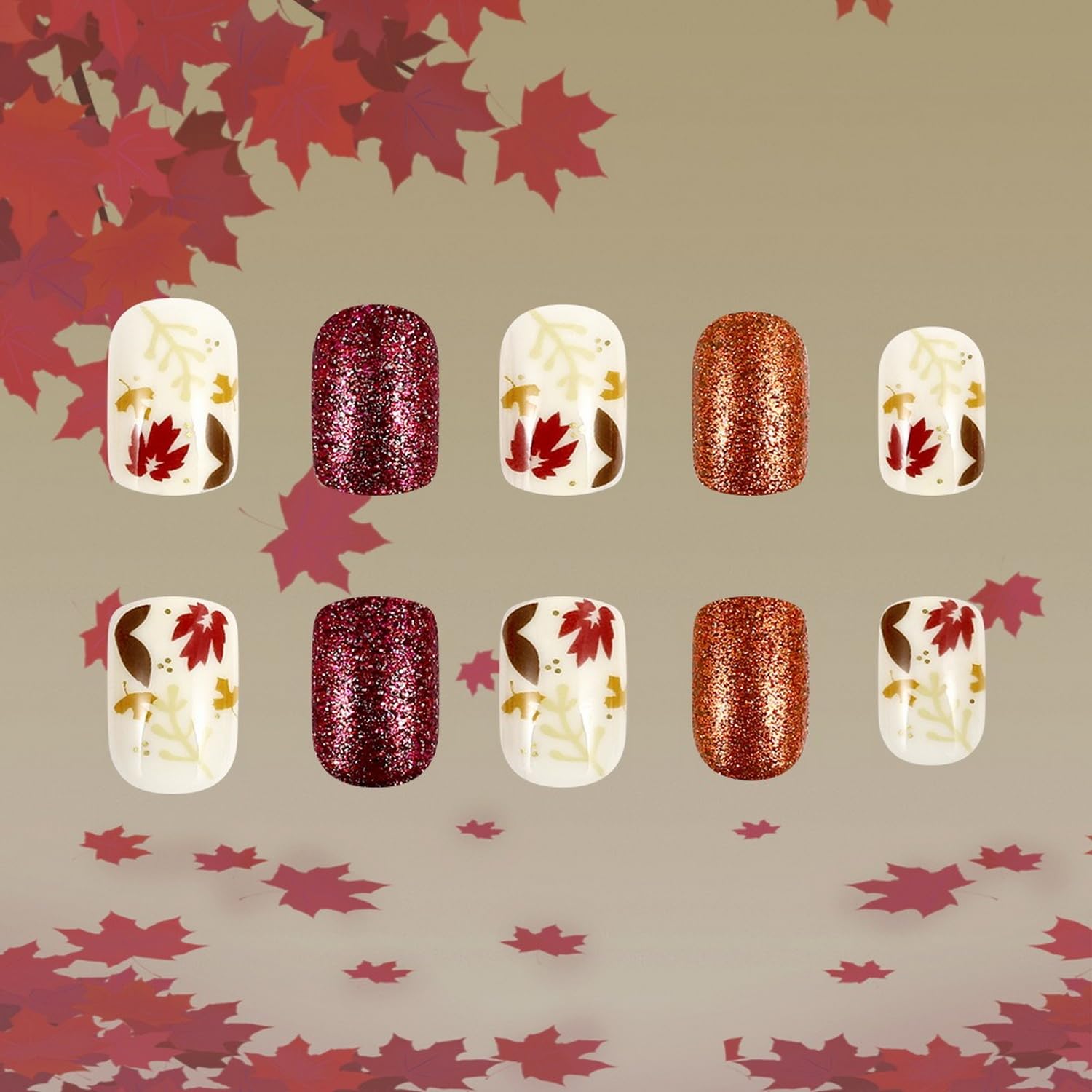 Fall Maple Leaf Press on Nails Short Square Fake Nails Designs Glitter False Nails Full Cover Stick on Nail Autumn Maple Leaves Glossy Artificial Acrylic Nail for Women DIY 24 Pcs image 4