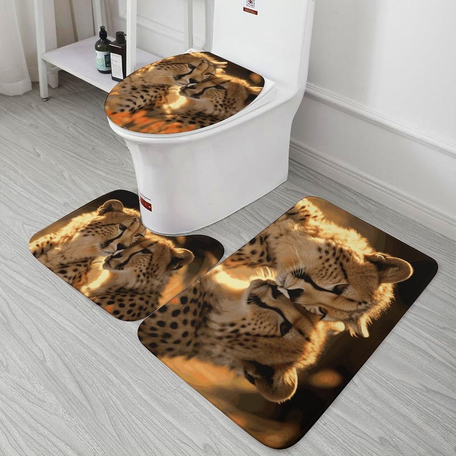Anti-Skid Floor Mats 3 Piece Set,Cheetah Love Printed Coral Fleece Bathroom Mats U-Shaped Contour Mat Toilet Seat Cover for Bathroom, Tub, Shower, Kitchen 19.7"x31.5"